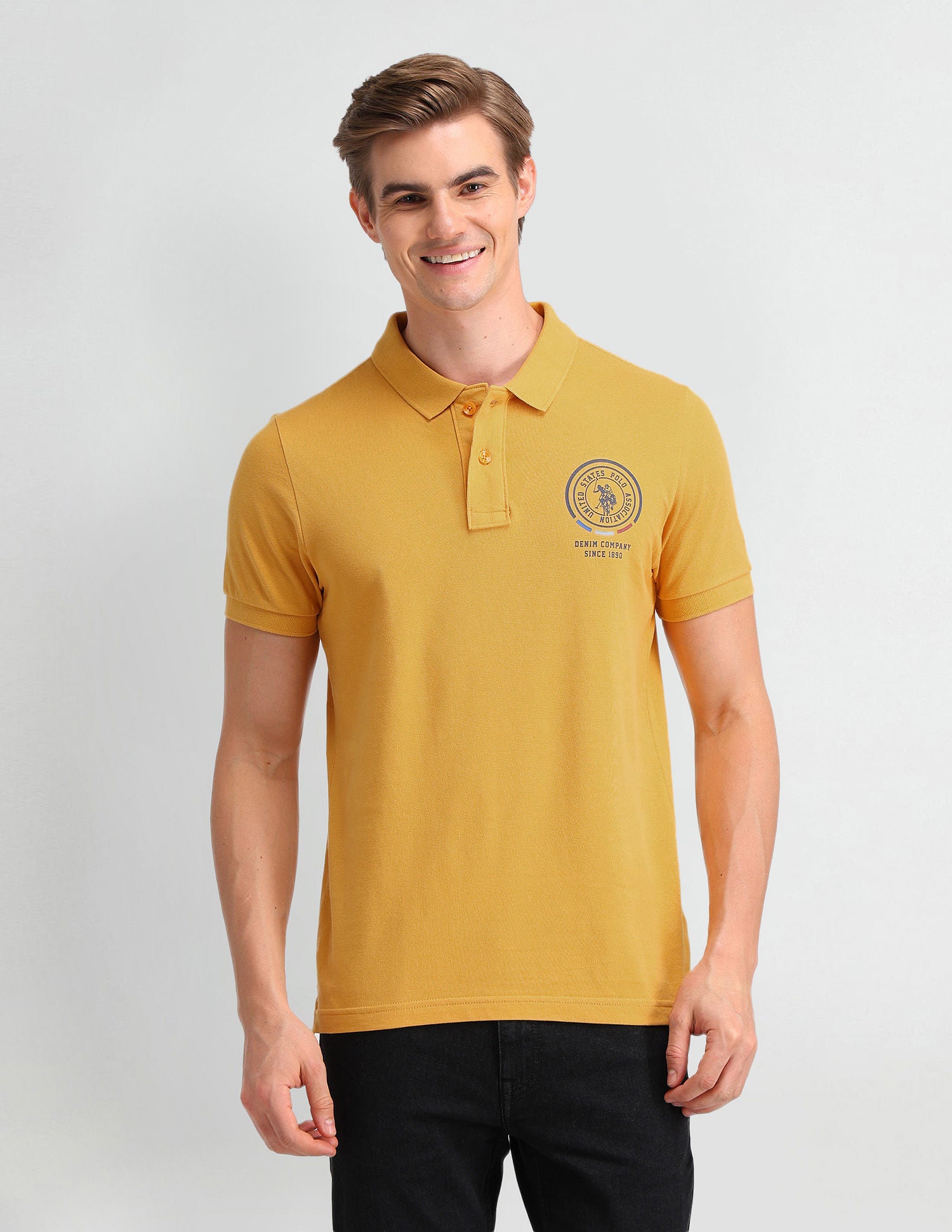 Pure Cotton Slim Fit Solid Polo Shirt Yellow - U.S. Polo Assn. India | Large