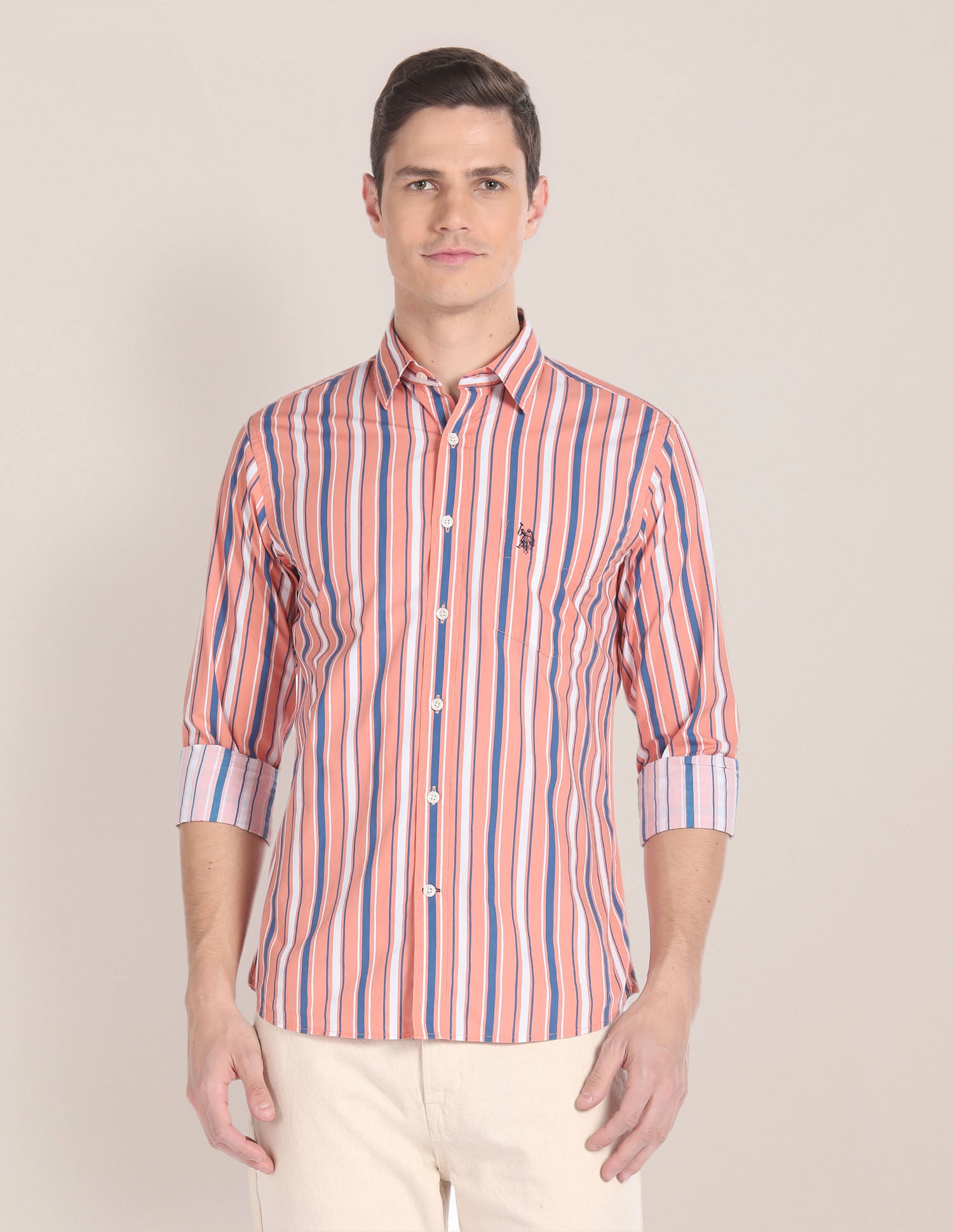 Vertical Stripe Cotton Shirt Orange - U.S. Polo Assn. India | Large