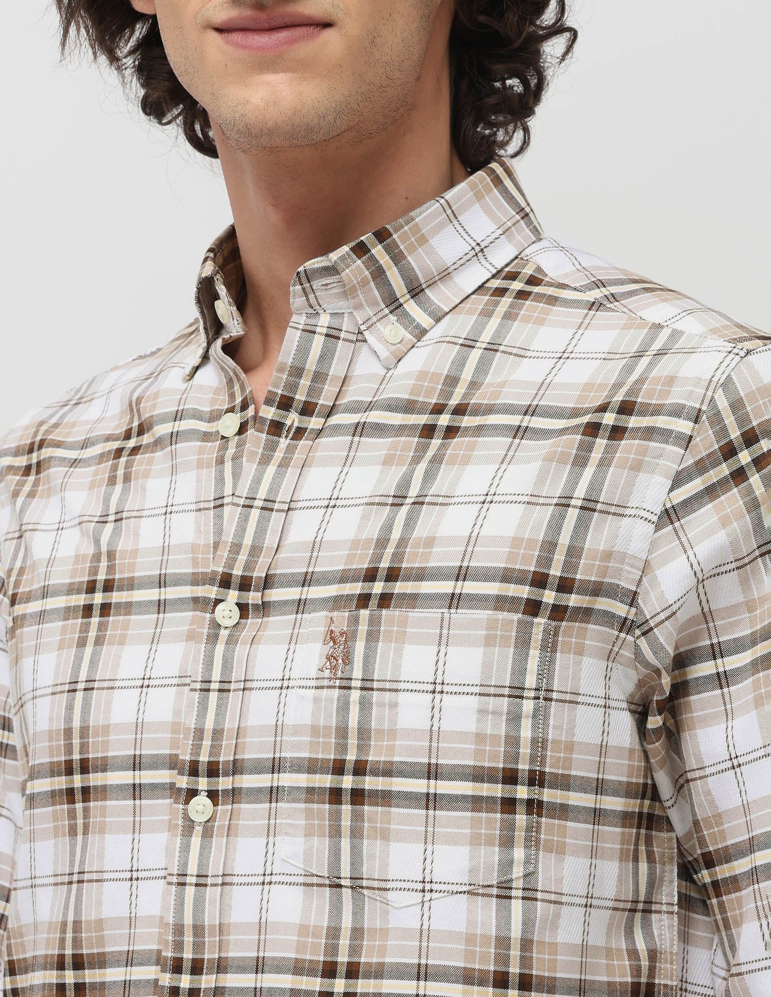 Plaid Checked Tailored Fit Shirt Beige - U.S. POLO ASSN. | Large