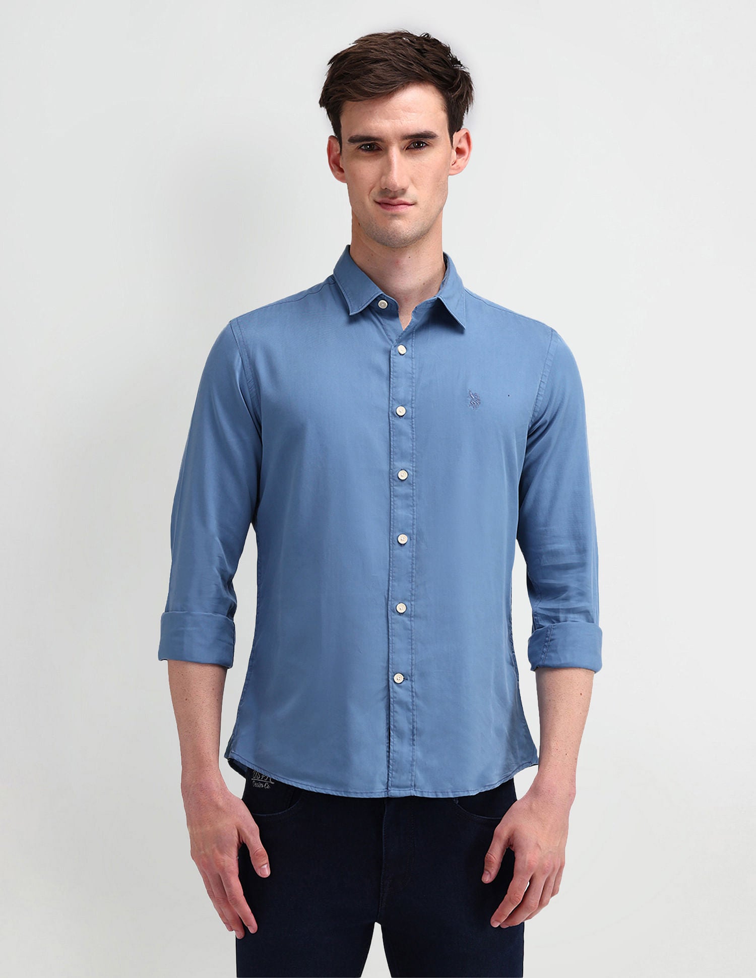 Slim Fit Solid Shirt Light-Blue - U.S. Polo Assn. India | Large