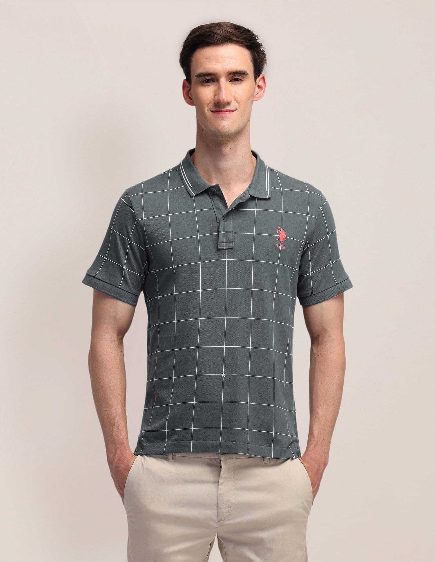 Pure Cotton Checked Slim Fit Polo Shirt Grey - U.S. Polo Assn. India | Large
