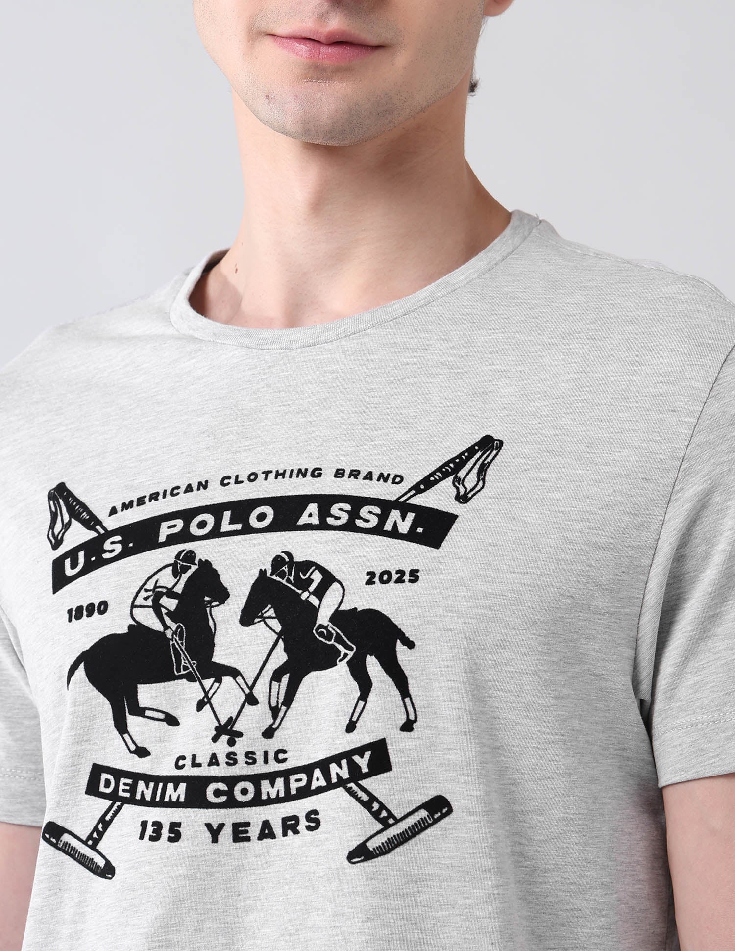 Brand Printed Pure Cotton Americana T-Shirt Grey Melang - U.S. Polo Assn. India | Large