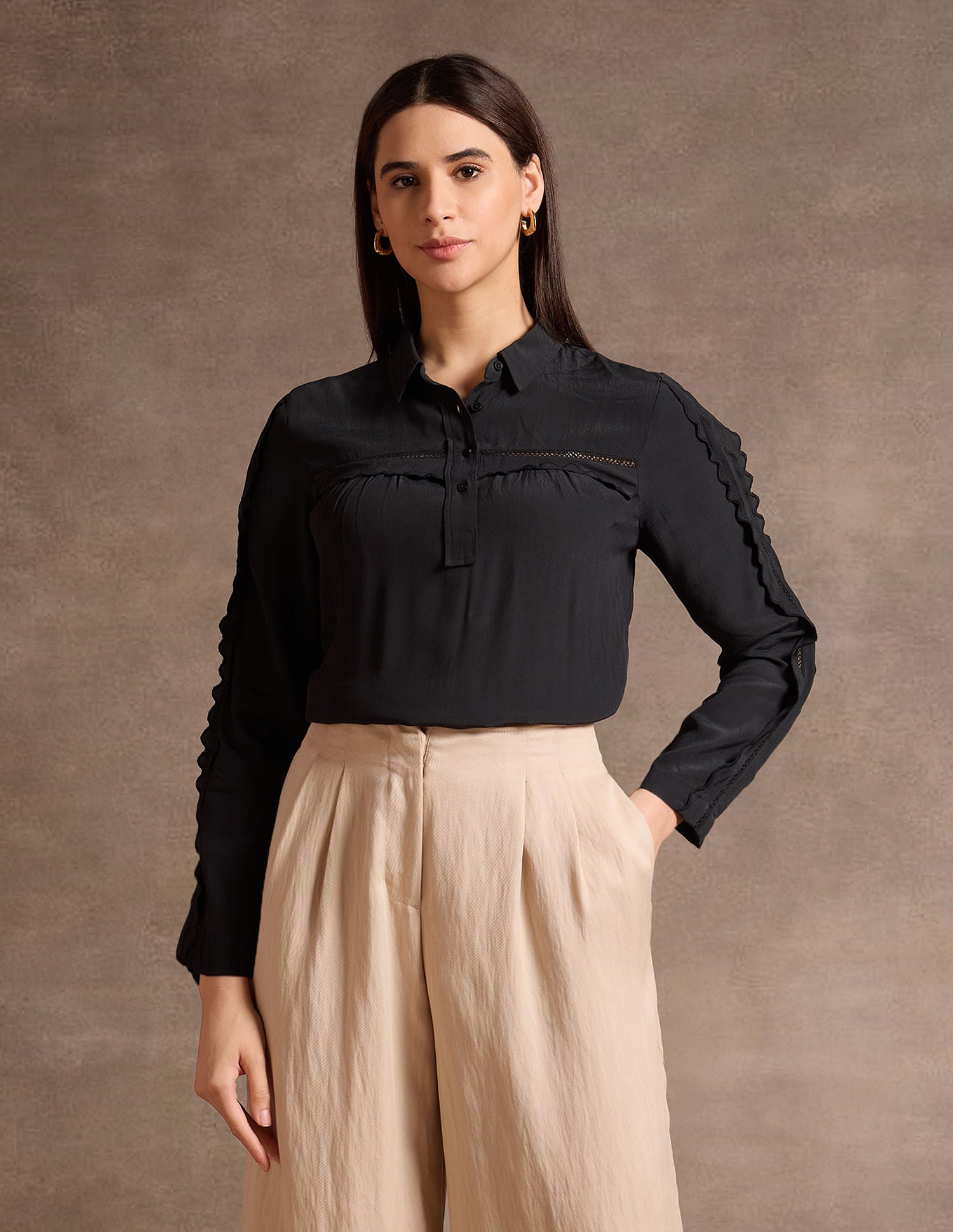 Scallop Lace Shirt Collar Top Black - U.S. POLO ASSN. | Large