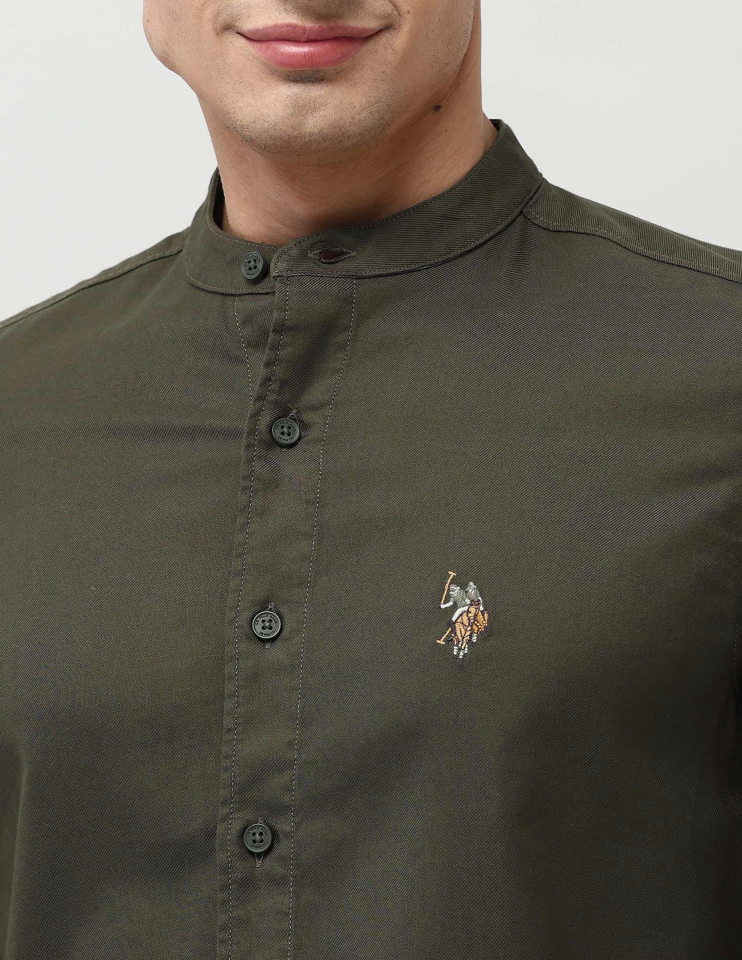 Twill Pure Cotton Mandarin Shirt Dark Olive - U.S. POLO ASSN. | Large