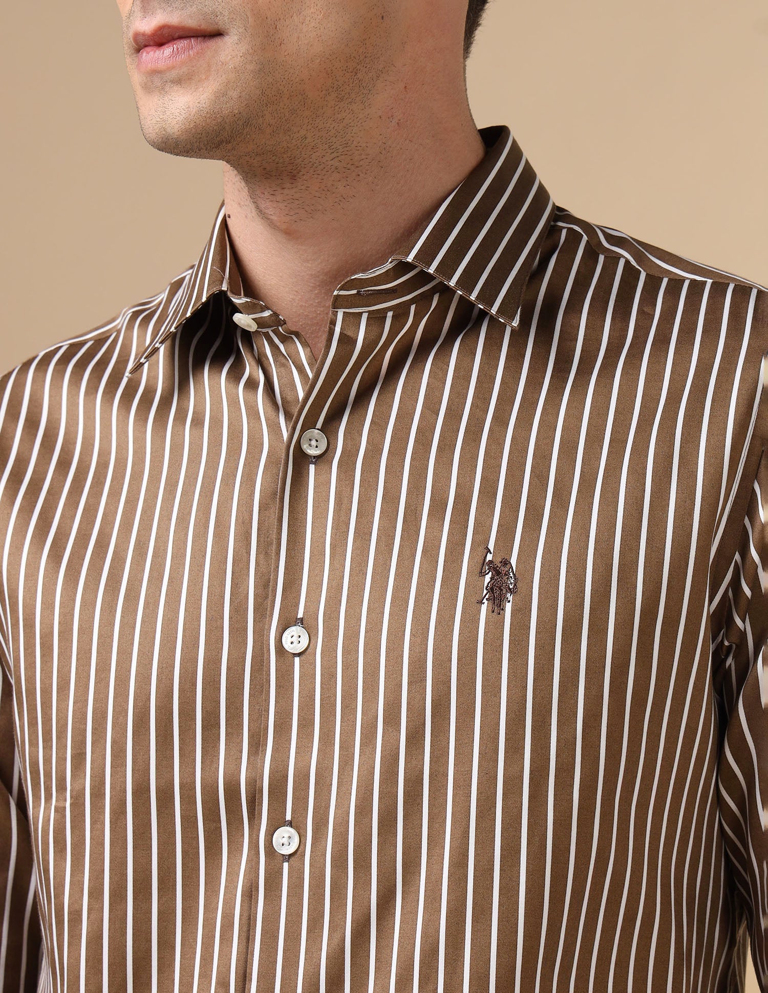Vertical Striped Pure Cotton Shirt Brown - U.S. POLO ASSN. | Large