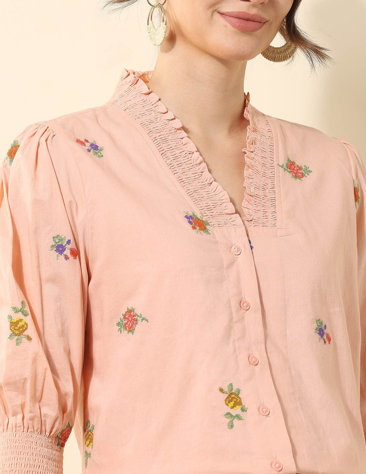 Floral Embroidered Ruffle Top Peach - U.S. POLO ASSN. | Large