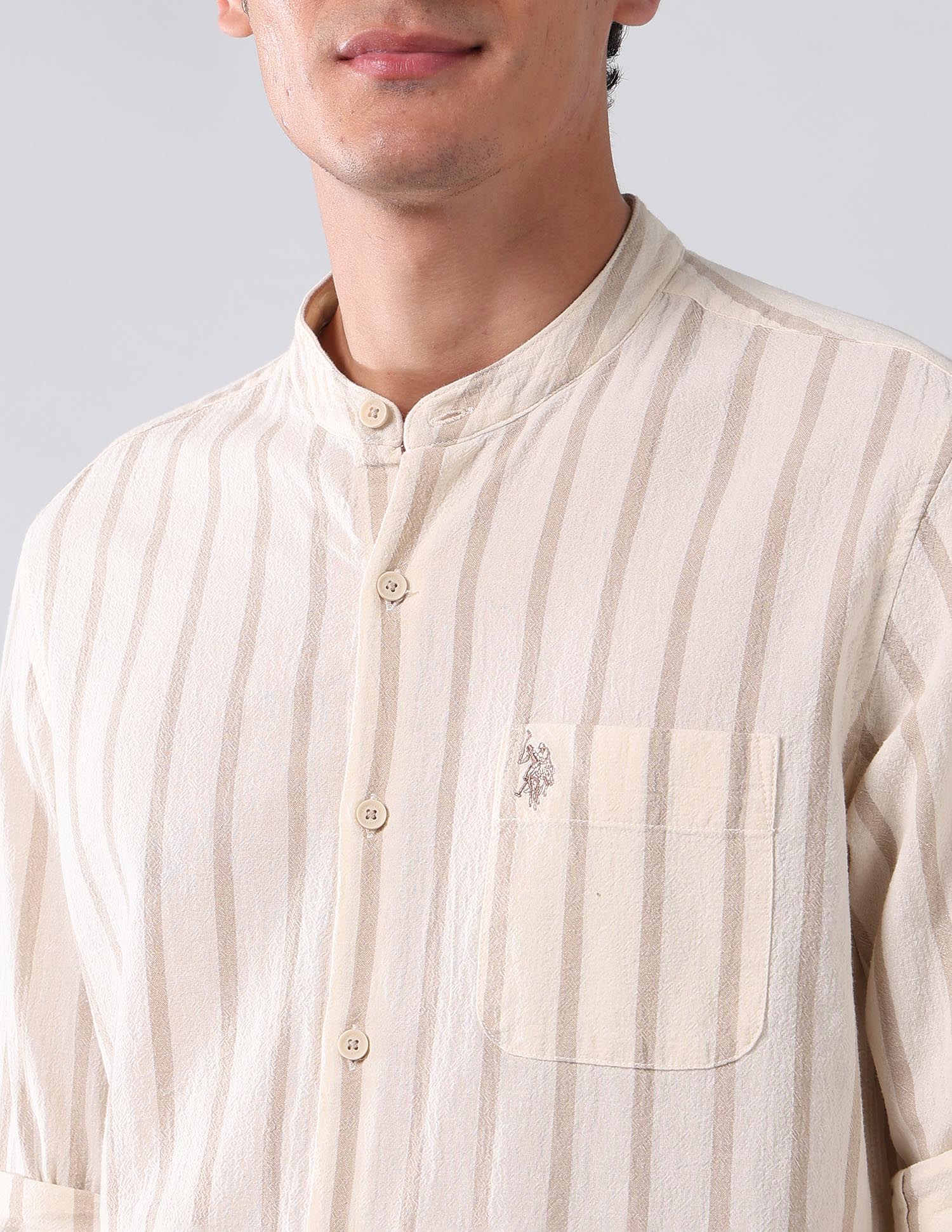 Vertical Striped Pure Cotton Shirt Ecru - U.S. Polo Assn. India | Large