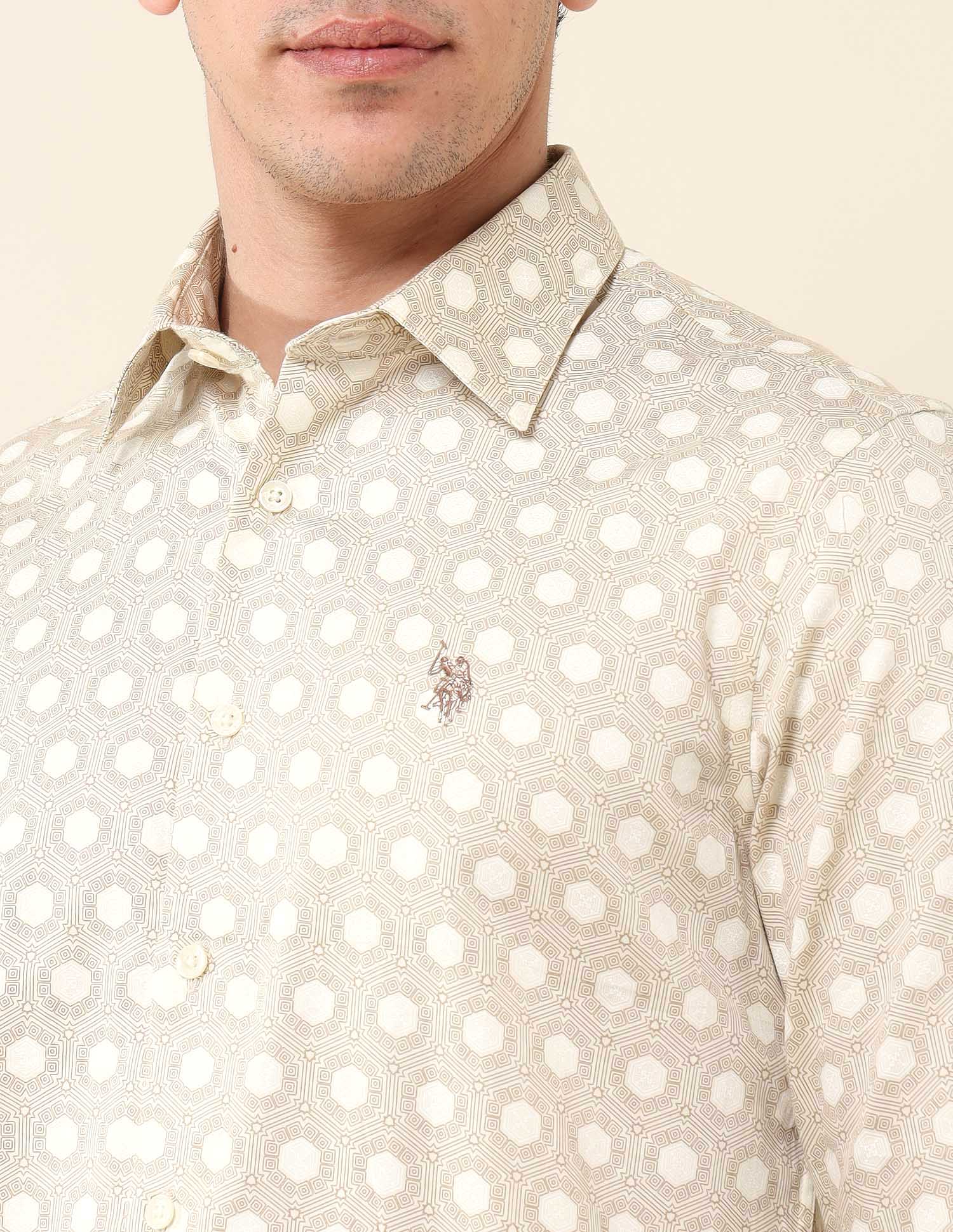 Geometric Printed Pure Cotton Shirt Light Khaki - U.S. Polo Assn. India | Large
