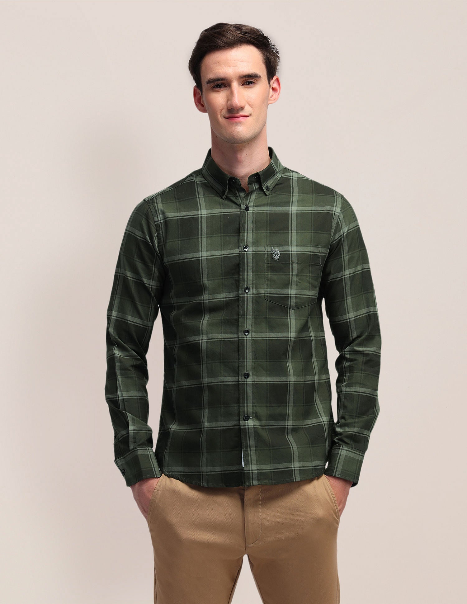 Plaid Checked Dobby Weave Shirt Olive - U.S. Polo Assn. India | Large