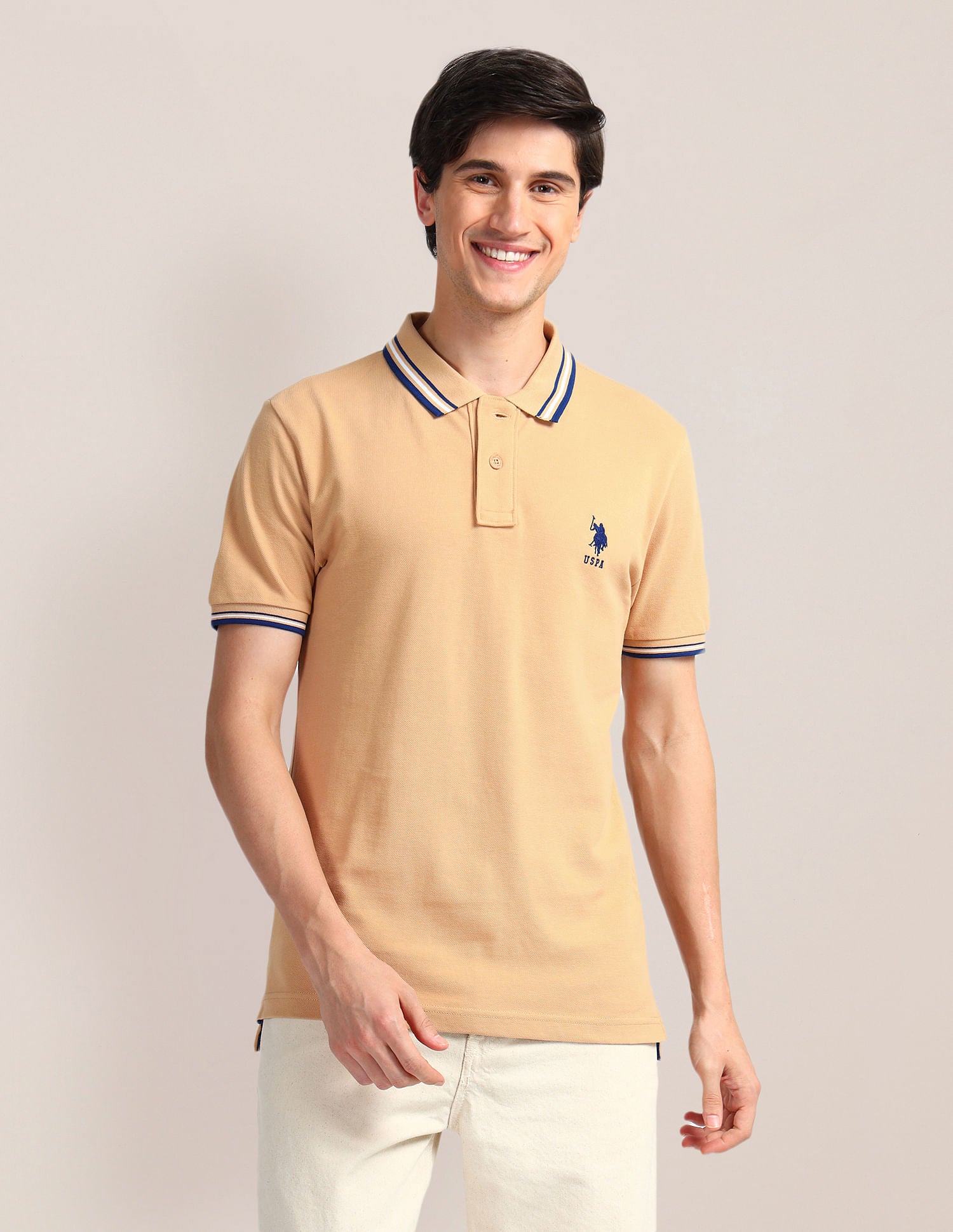 Tipped Collar Slim Polo Shirt Beige - U.S. Polo Assn. India | Large