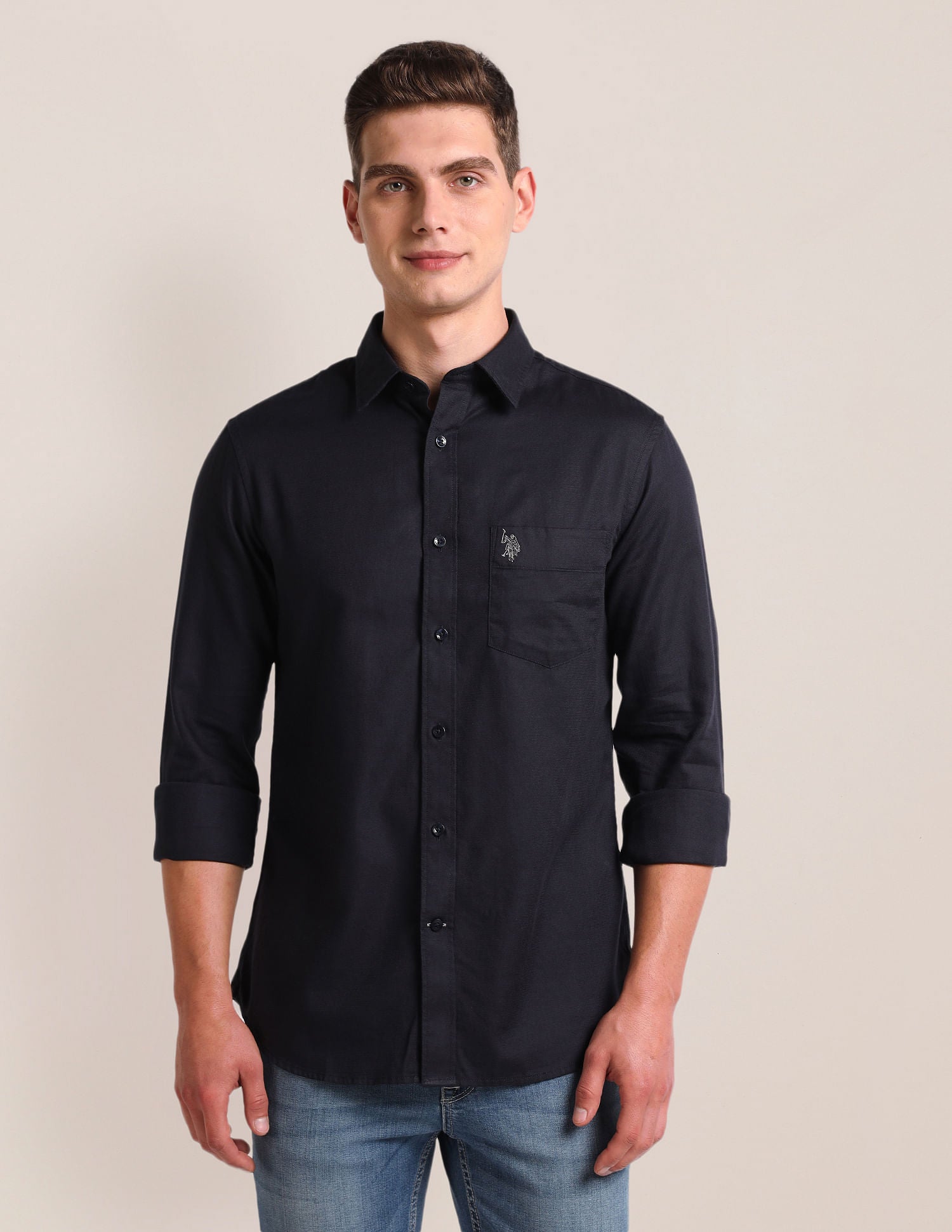 Tailored Regular Fit Solid Shirt Navy - U.S. Polo Assn. India | Large