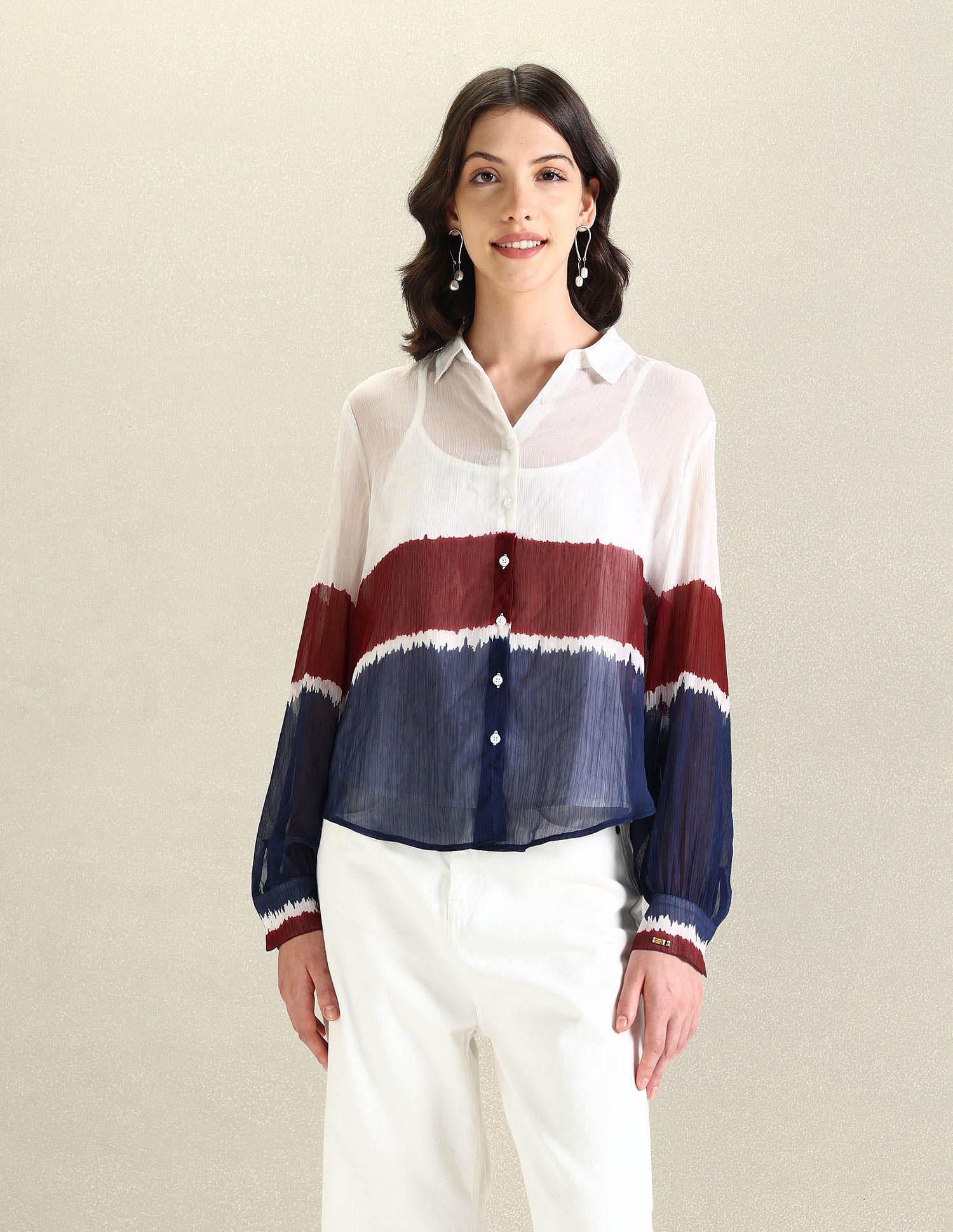 Colour Blocked Chiffon Shirt White, Red, and Navy - U.S. POLO ASSN. | Large