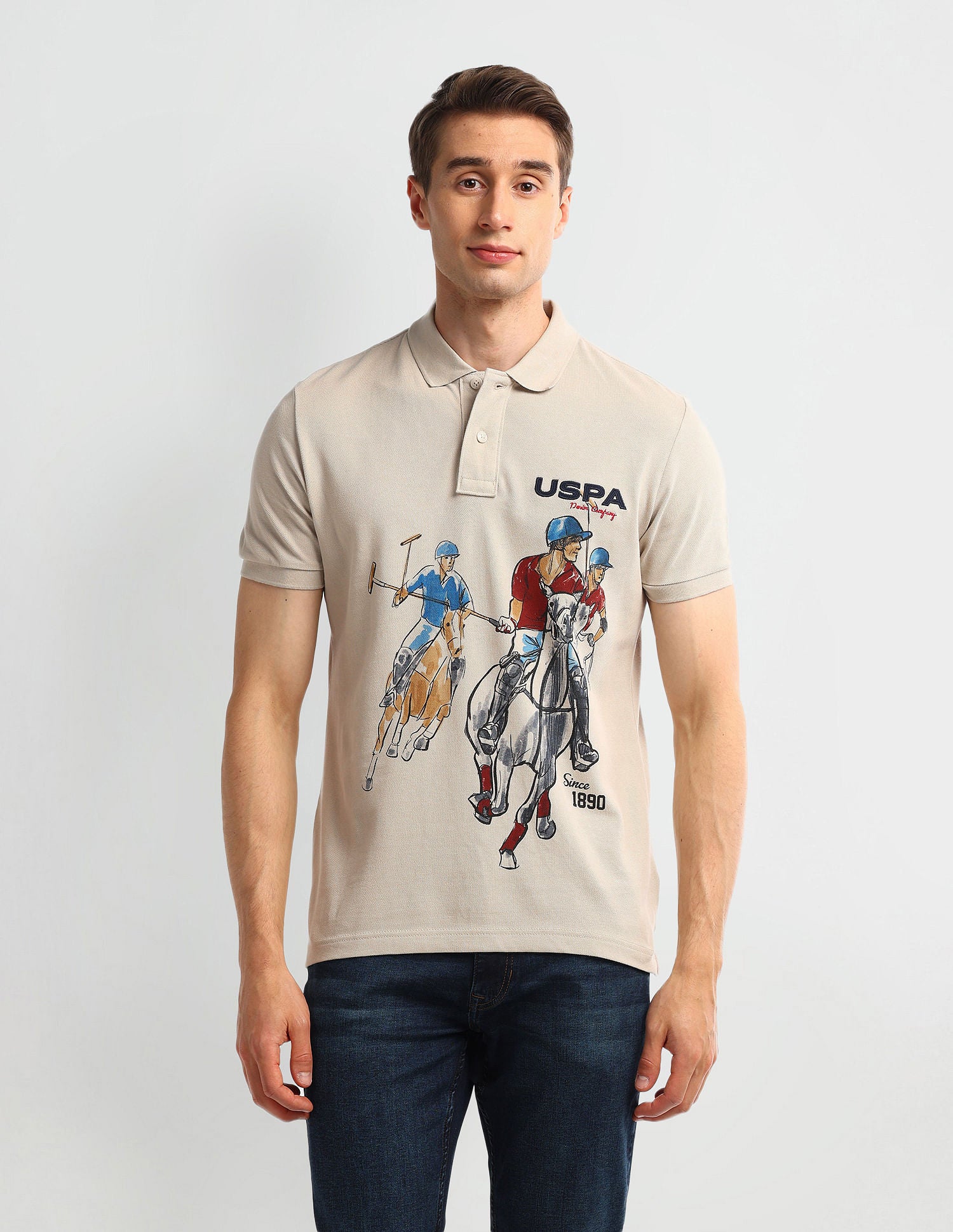 Muscle Fit Graphic Polo Shirt Beige - U.S. Polo Assn. India | Large