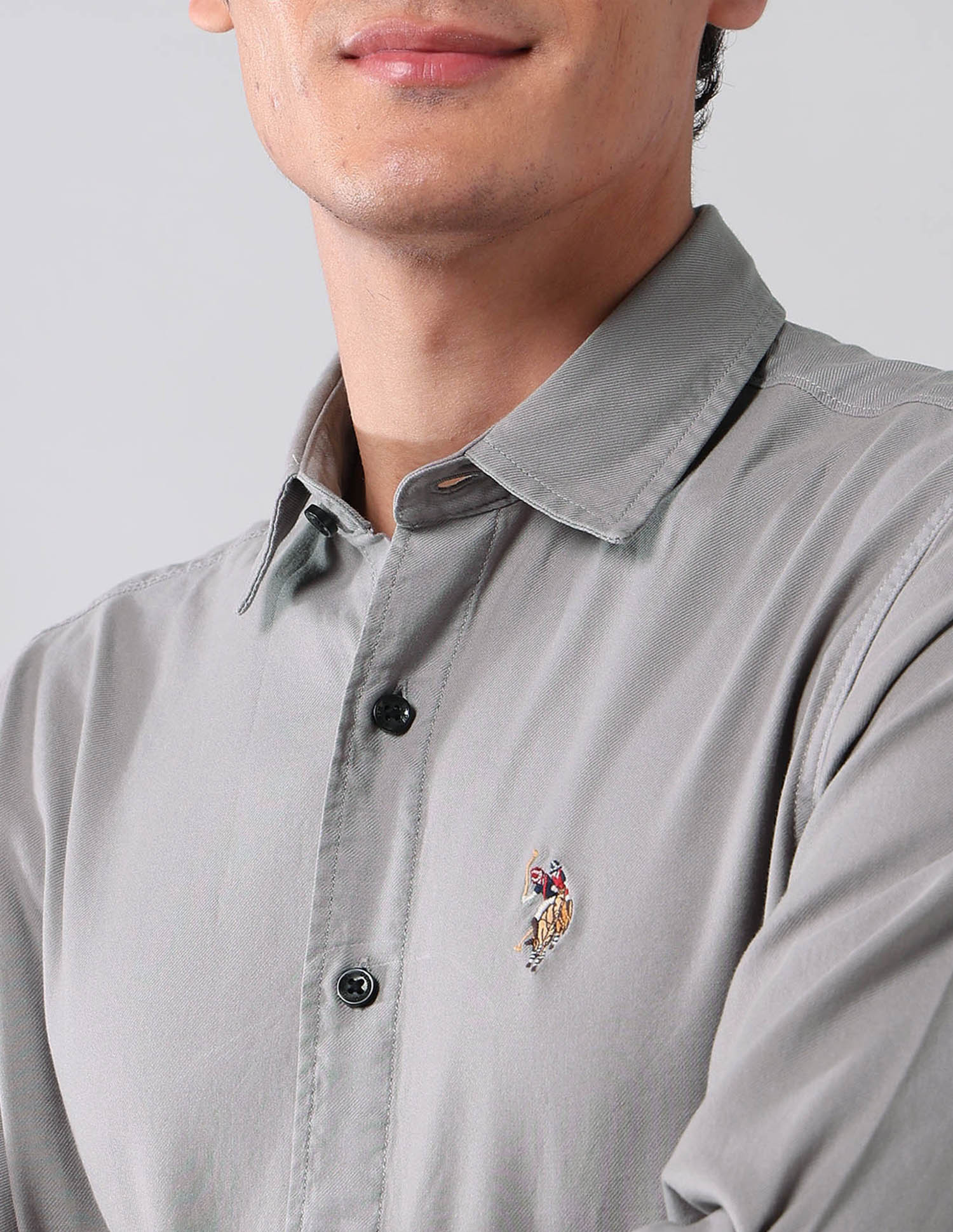 Pure Cotton Regular Fit Twill Shirt Grey - U.S. Polo Assn. India | Large