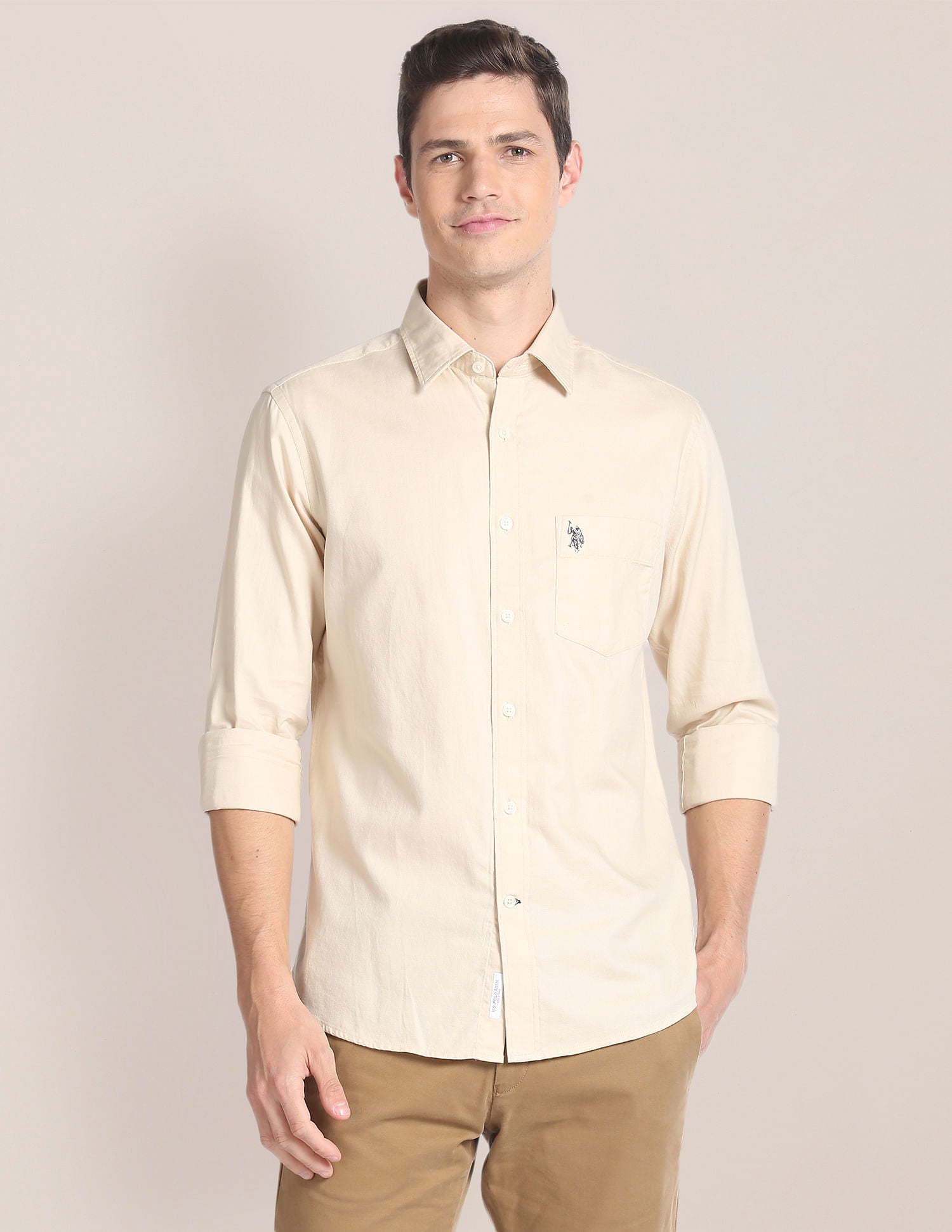 Premium Cotton Solid Shirt Cream - U.S. Polo Assn. India | Large
