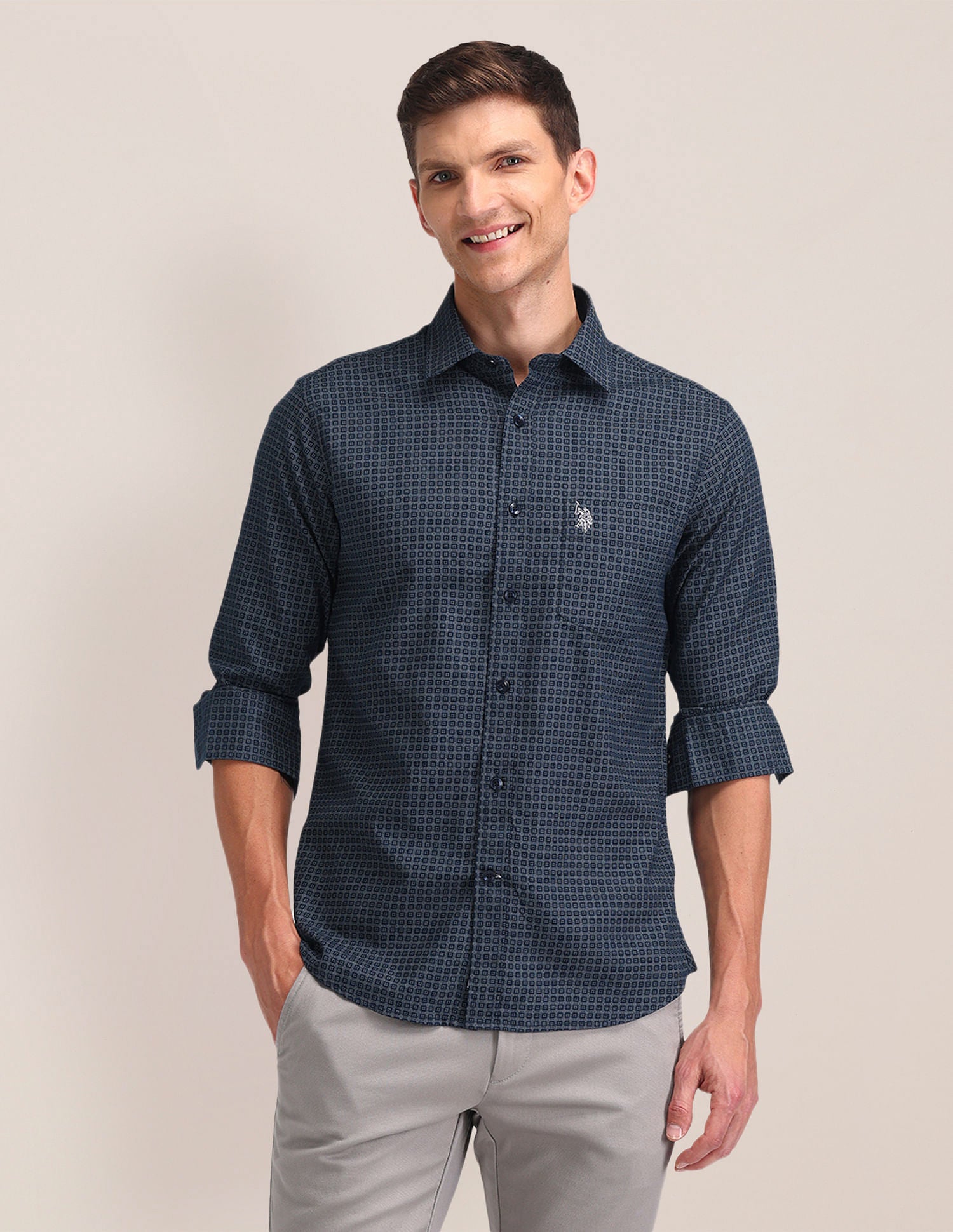 Tailored Fit Printed Shirt Blue - U.S. Polo Assn. India | Large