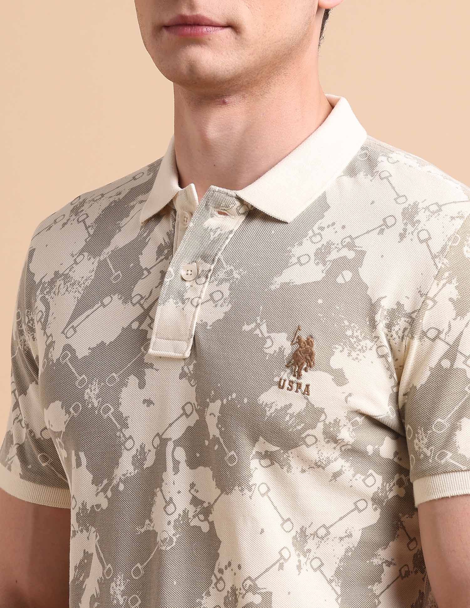 Abstract Printed Pure Cotton Polo Shirt Beige - U.S. POLO ASSN. | Large