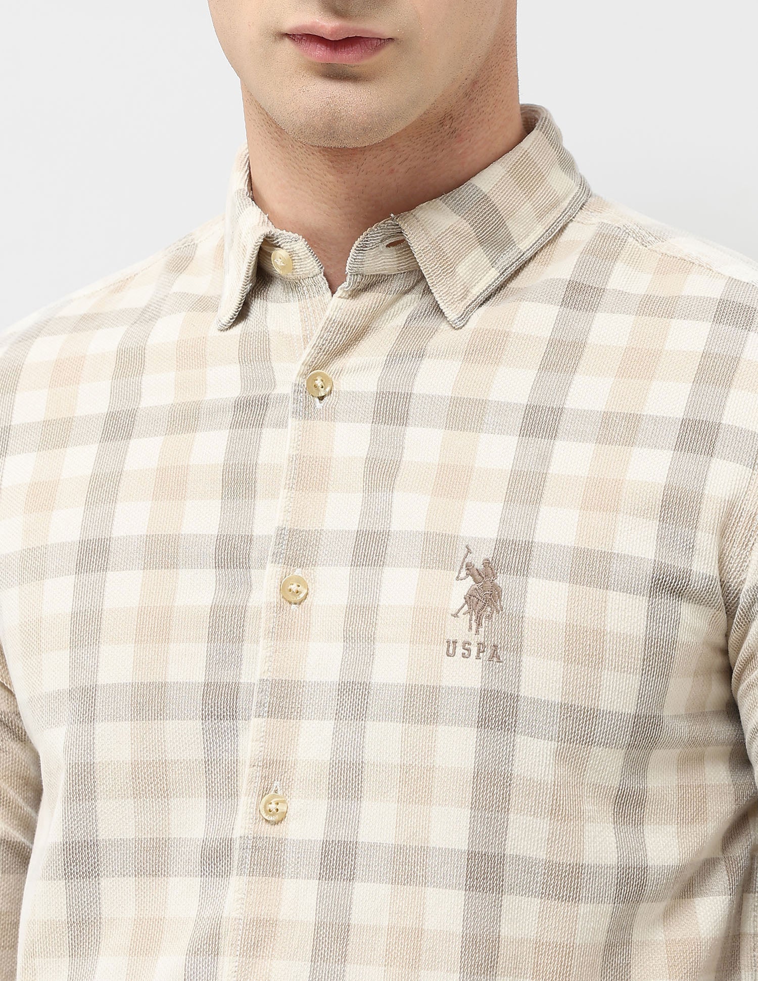 Grid Tattersall Checked Corduroy Shirt Beige - U.S. POLO ASSN. | Large