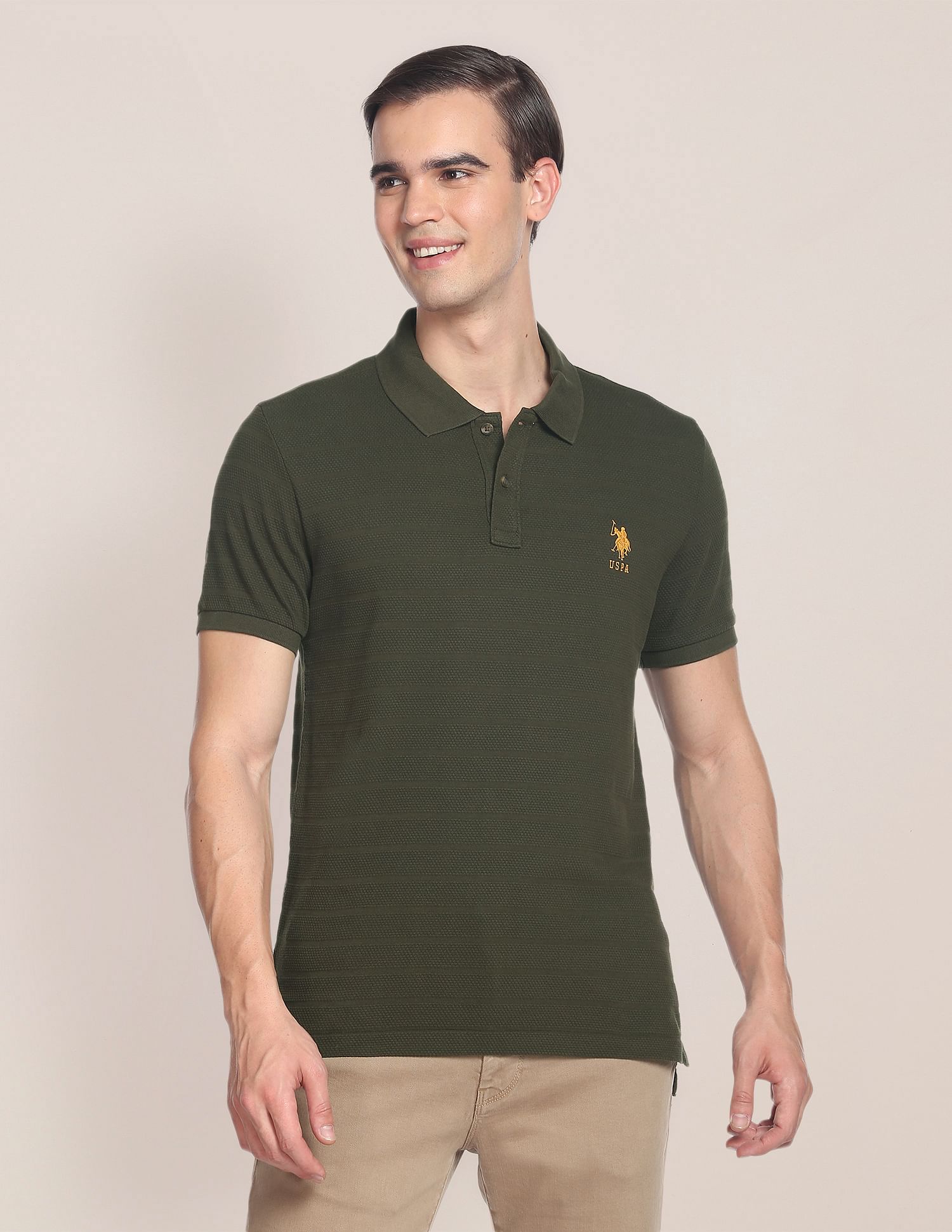 Horizontal Stripe Popcorn Polo Shirt Olive - U.S. Polo Assn. India | Large