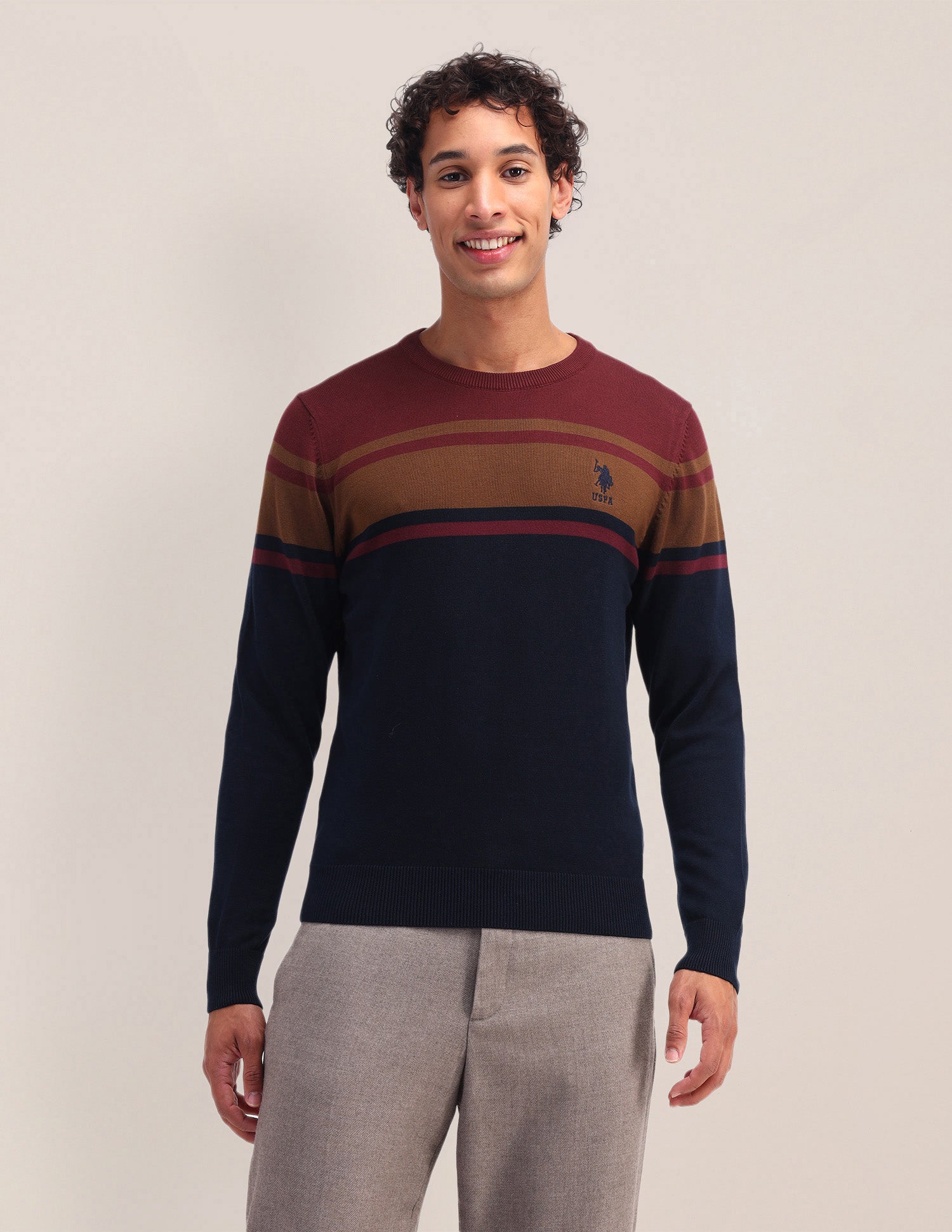 Colour blocked Regular Fit Sweater Dark Red - U.S. Polo Assn. India | Large
