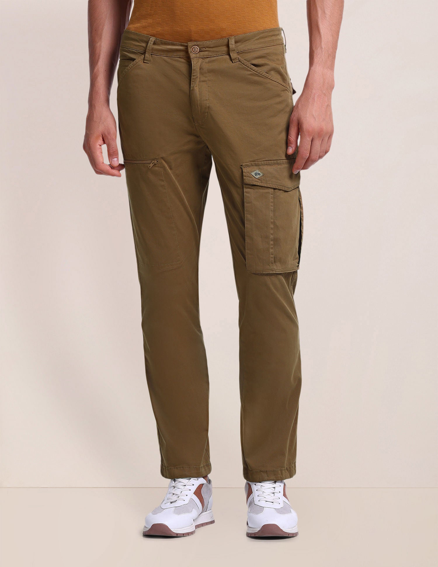 Slim Straight Fit Solid Cargo Pants Khaki - U.S. Polo Assn. India | Large