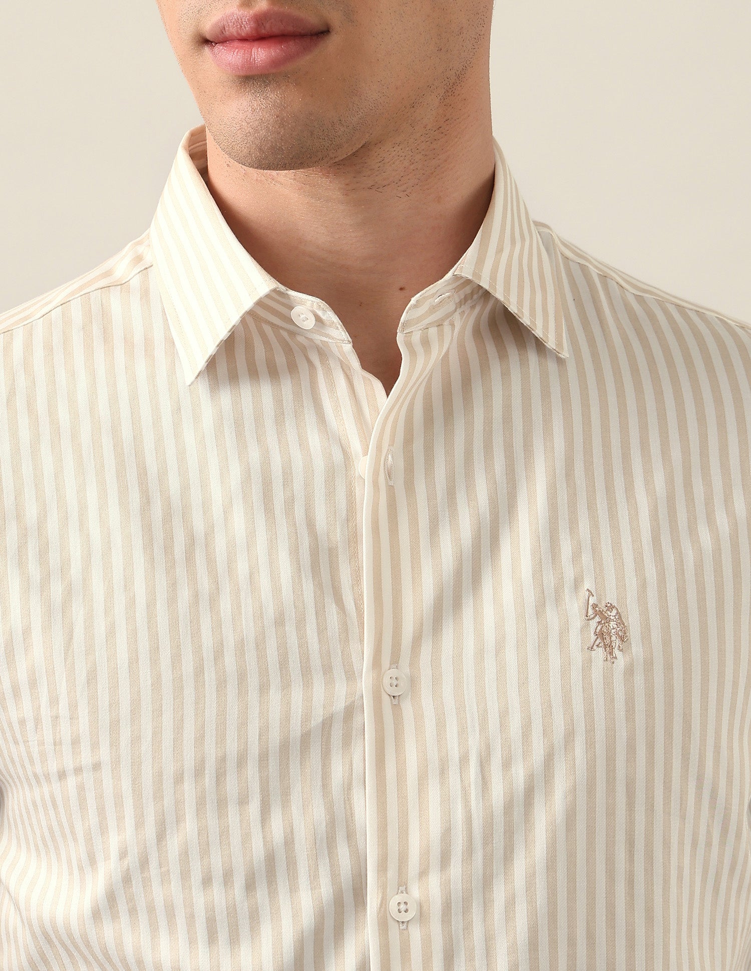 Vertical Striped Satin Shirt Beige - U.S. Polo Assn. India | Large