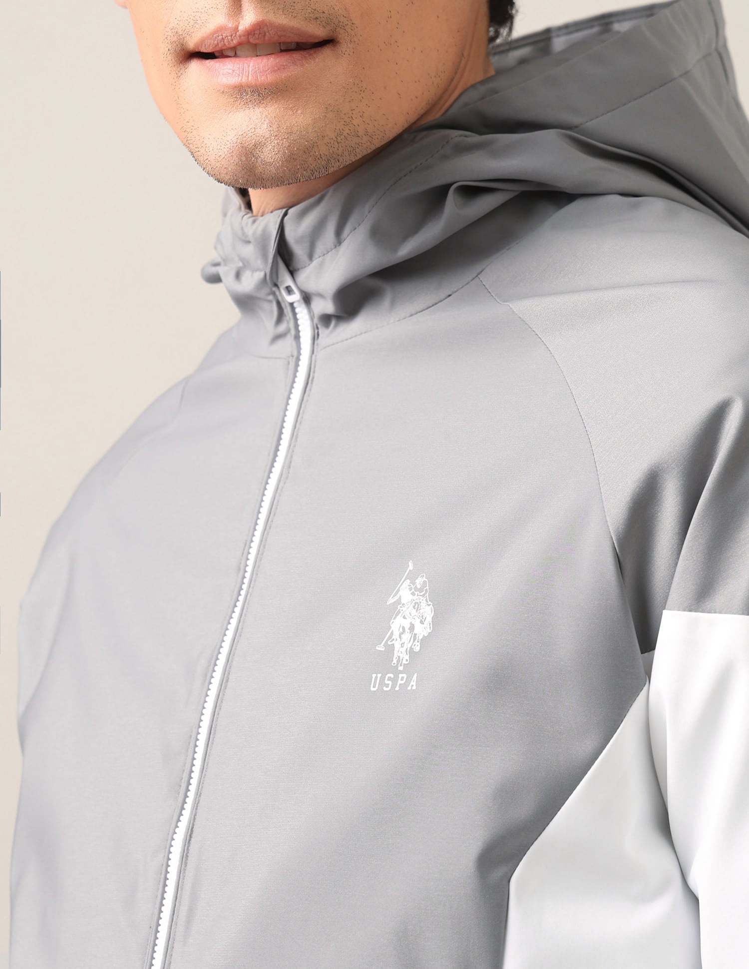 Colour Block Logo Hooded Jacket Grey and White - U.S. Polo Assn. India | Large