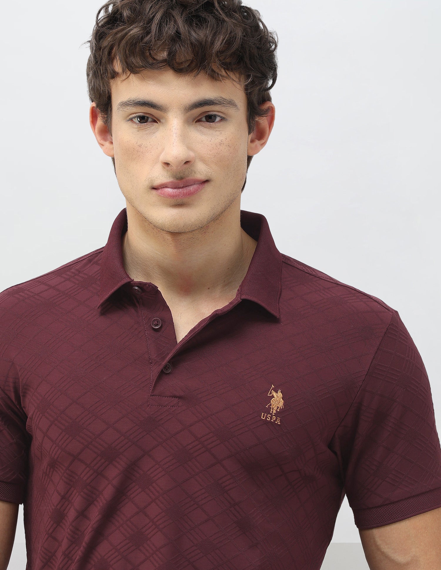 Geometric Patterned Knit Slim Fit Polo Shirt Wine - U.S. Polo Assn. India | Large