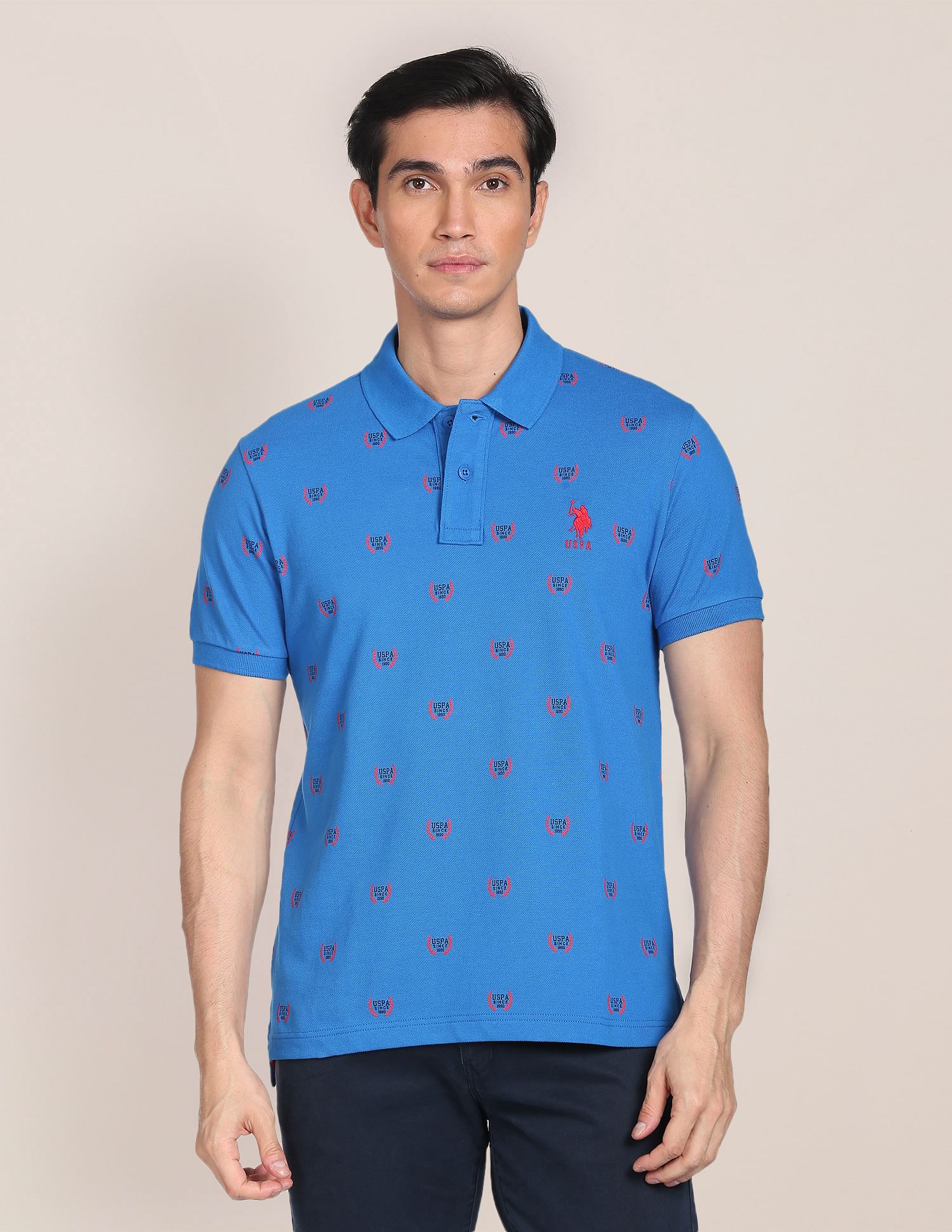 All Over Branding Cotton Polo Shirt Blue - U.S. Polo Assn. India | Large