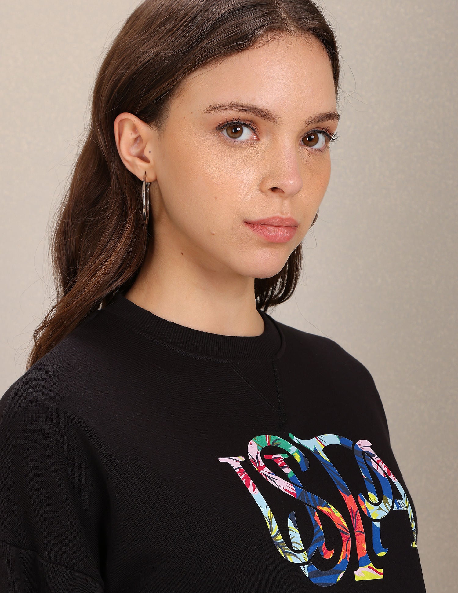 Crew Neck Typographic Print Crop Sweatshirt Black - U.S. Polo Assn. India | Large