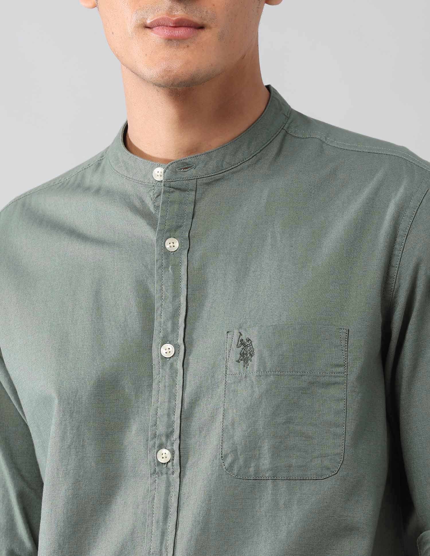 Solid Regular Fit Mandarin Shirt Light Olive - U.S. Polo Assn. India | Large