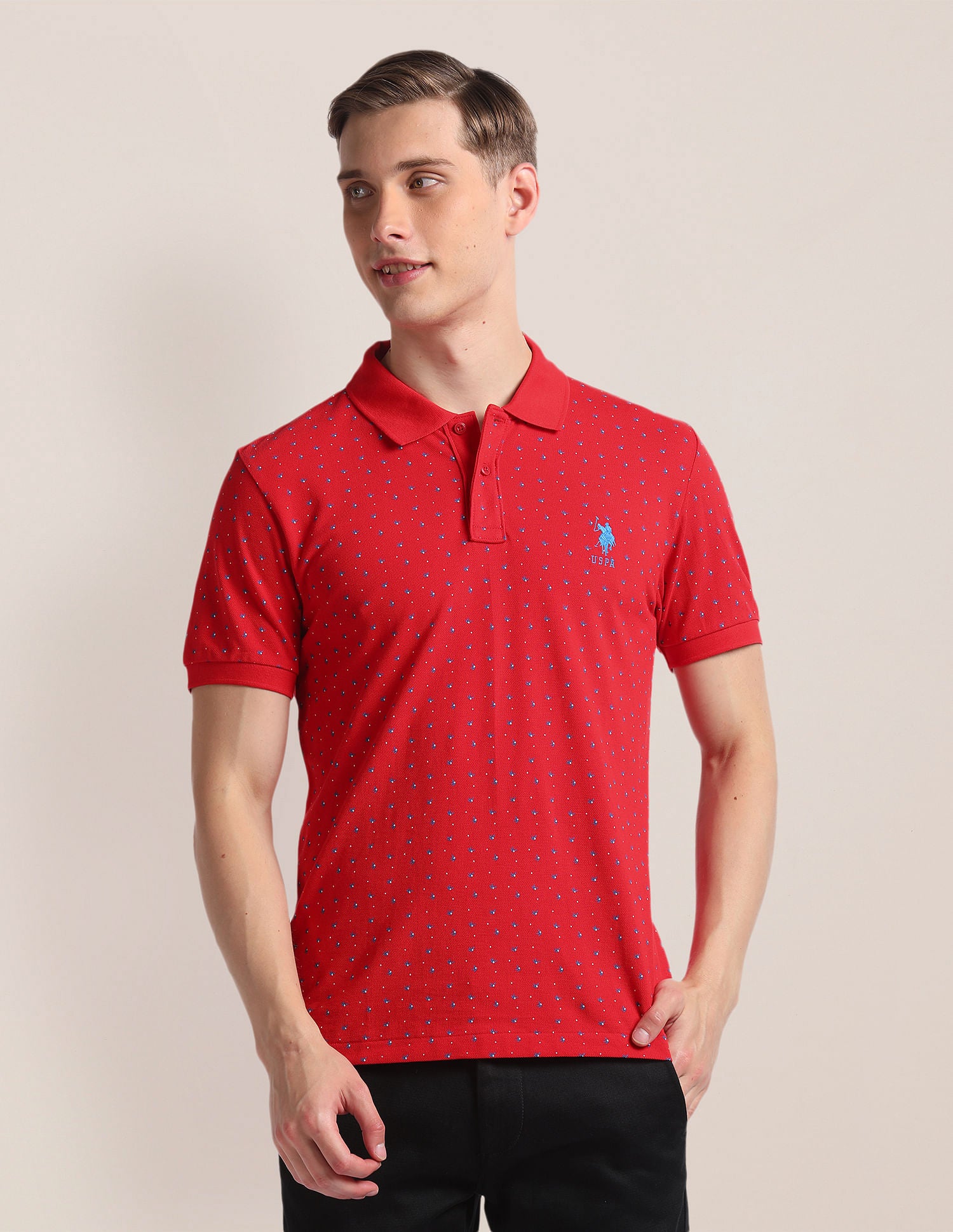 Graphic Print Ribbed Collar Polo Shirt Red - U.S. Polo Assn. India | Large