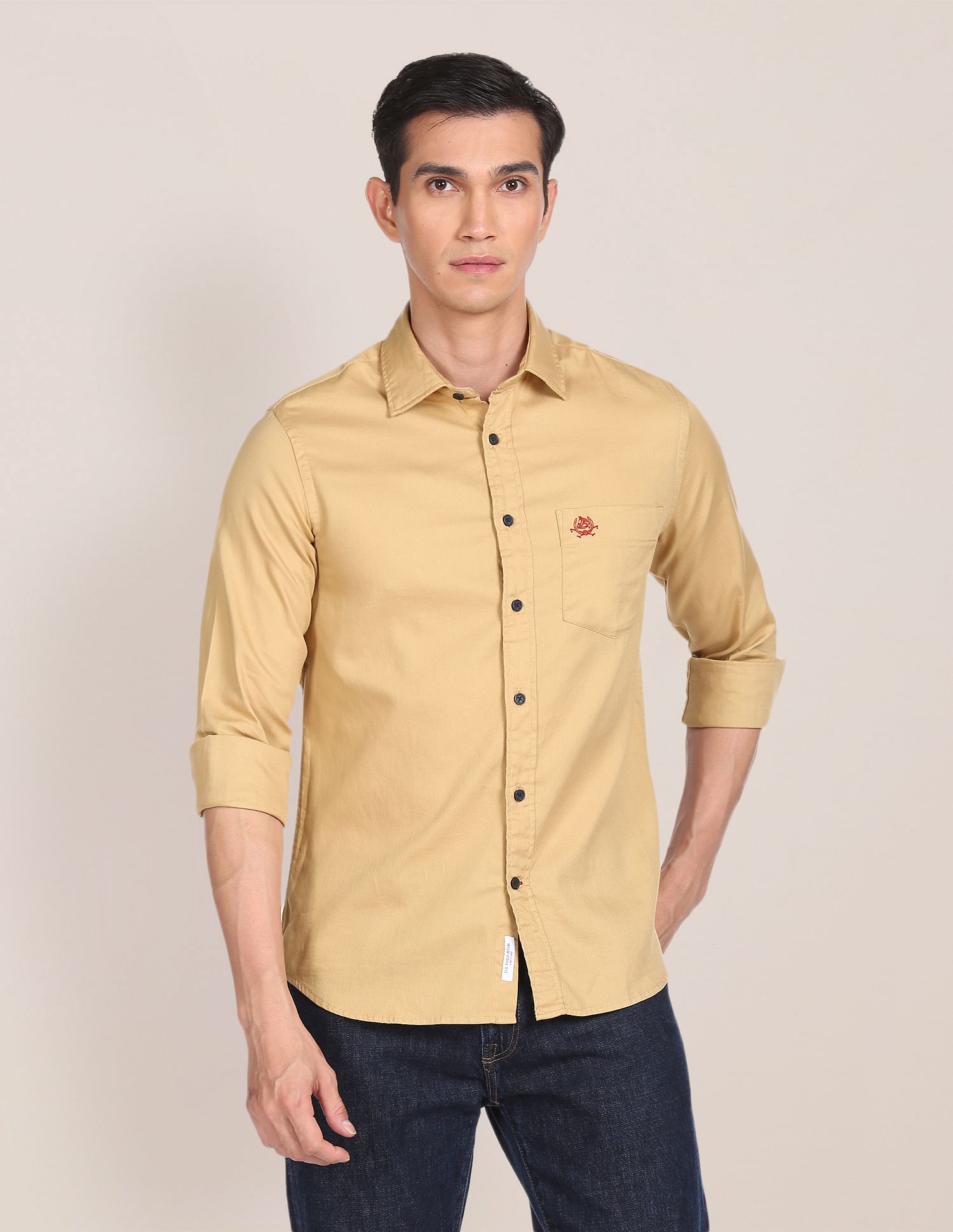 Spread Collar Solid Casual Shirt Khaki - U.S. POLO ASSN. | Large