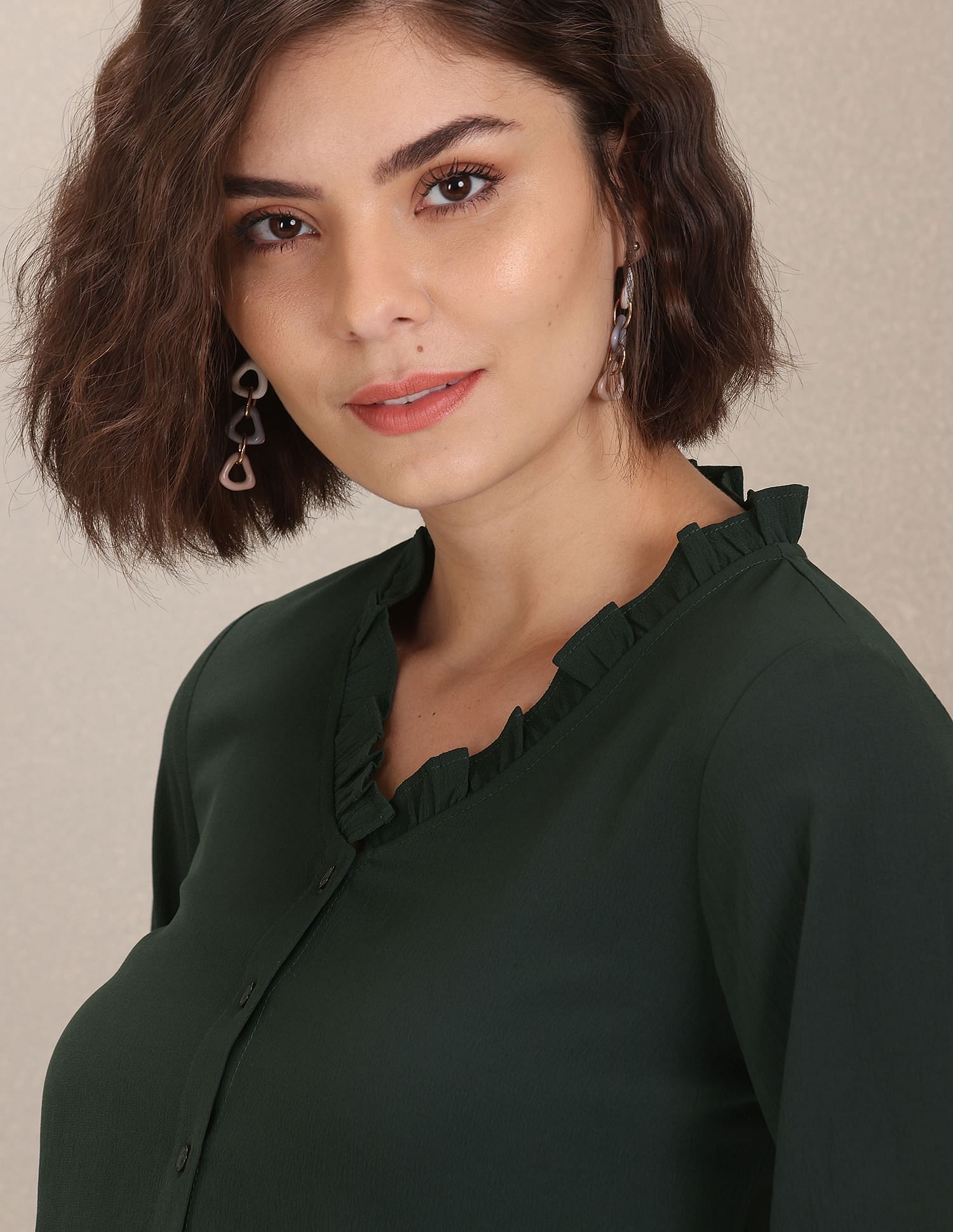 Ruffled V-Neck Solid Top Dark Green - U.S. POLO ASSN. | Large