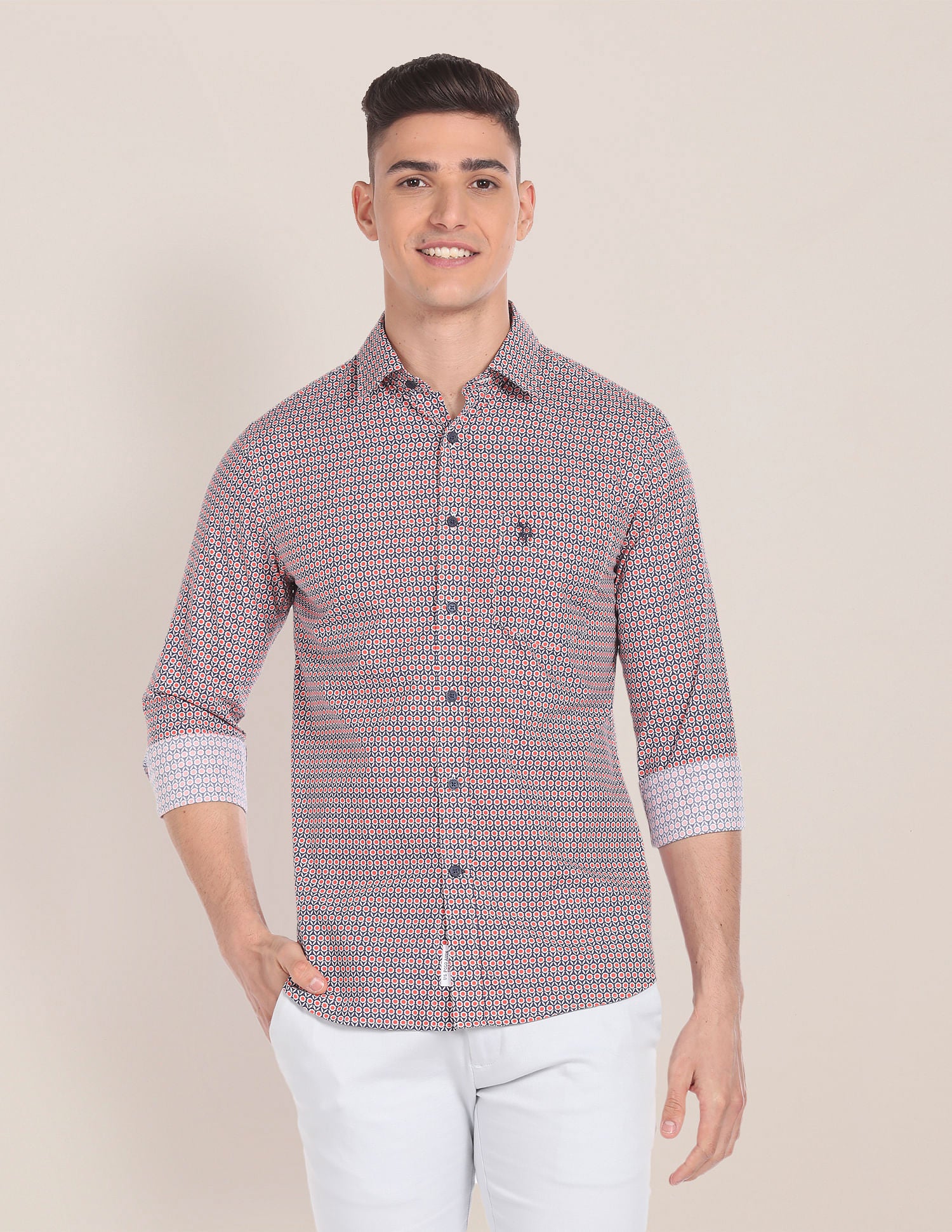 Floral Print Cotton Shirt Coral and Navy - U.S. Polo Assn. India | Large
