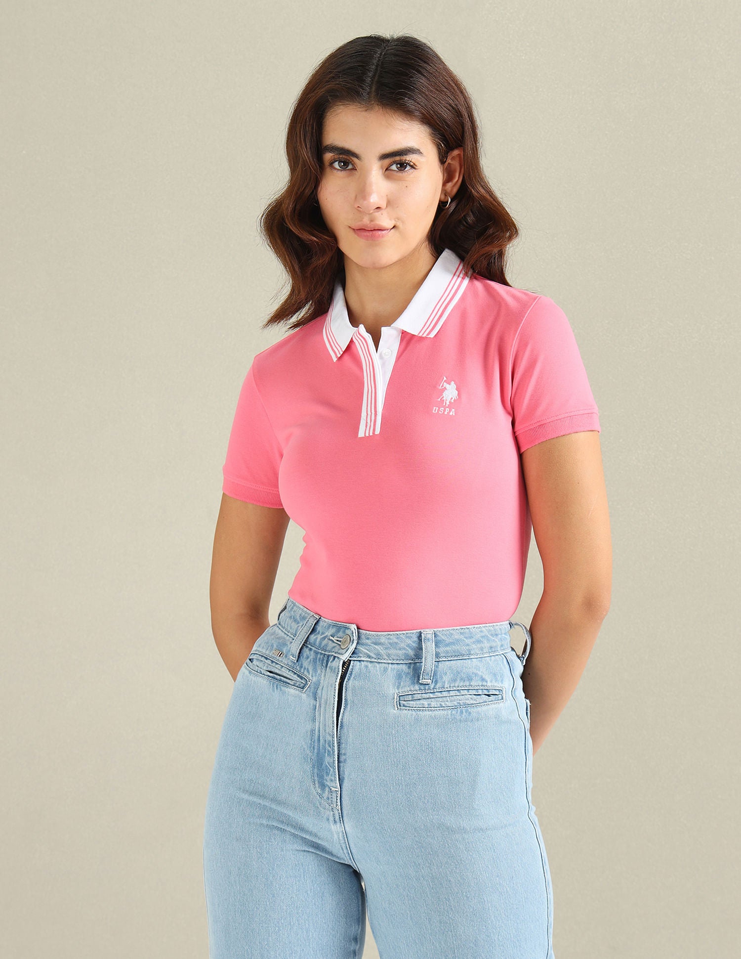 Striped Collar Pique Polo Shirt Pink - U.S. POLO ASSN. | Large