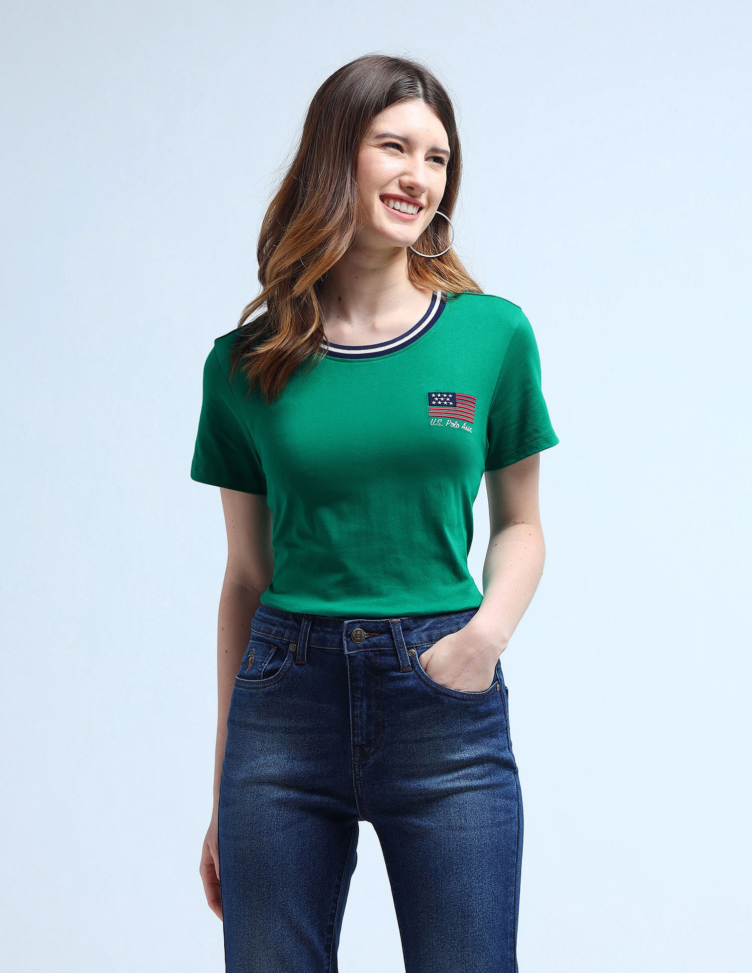 Flag Embroidered Tipped Neck T-Shirt Green - U.S. POLO ASSN. | Large