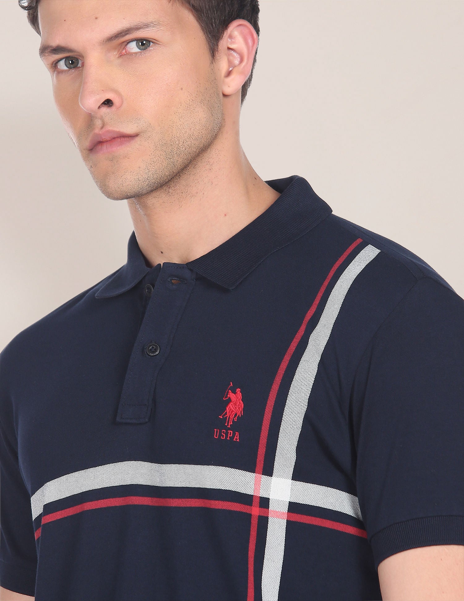 Offset Stripe Cotton Polo Shirt Navy - U.S. Polo Assn. India | Large