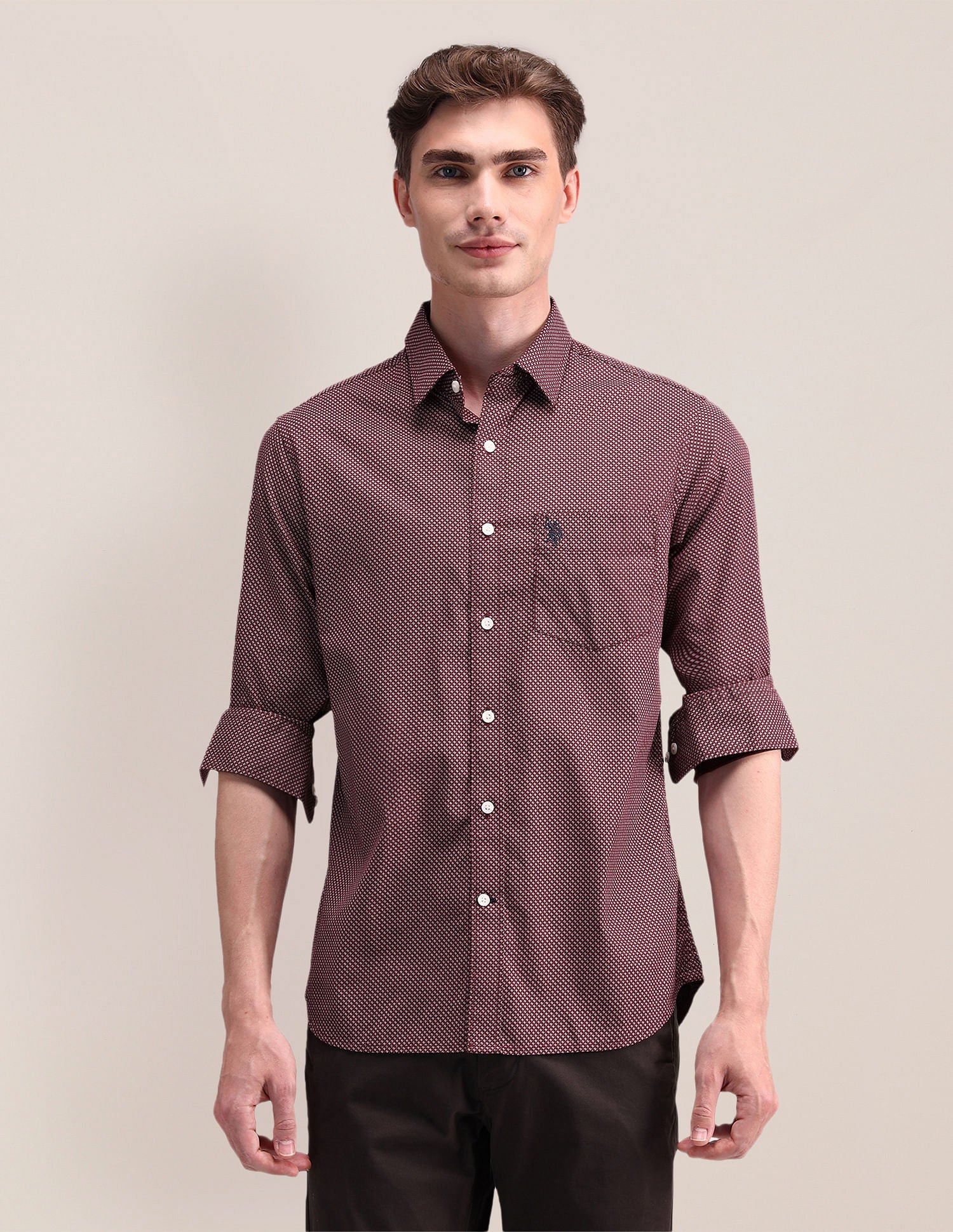 Geometric Print Pure Cotton Shirt Maroon - U.S. Polo Assn. India | Large