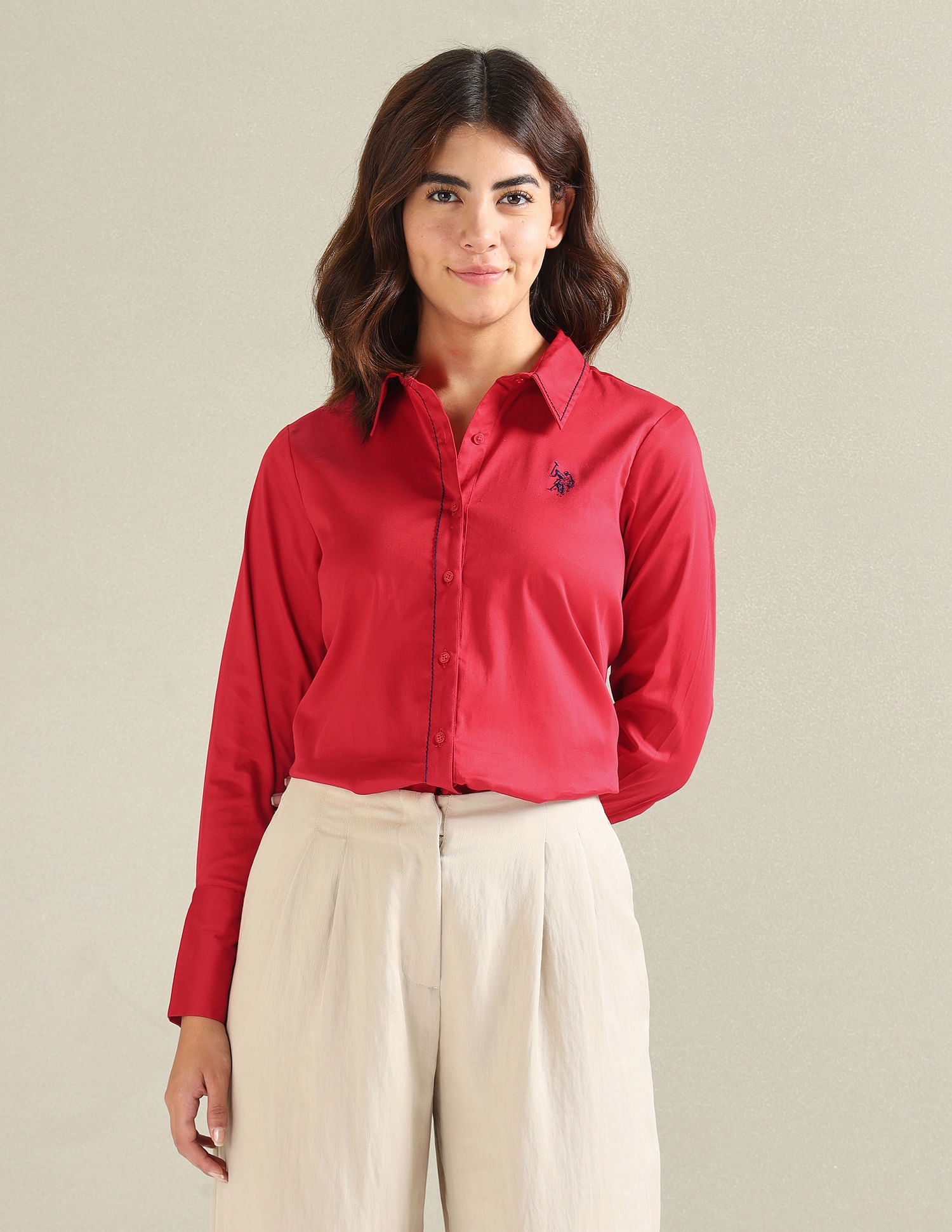Saddle Stitch Satin Solid Shirt Red - U.S. POLO ASSN. | Large