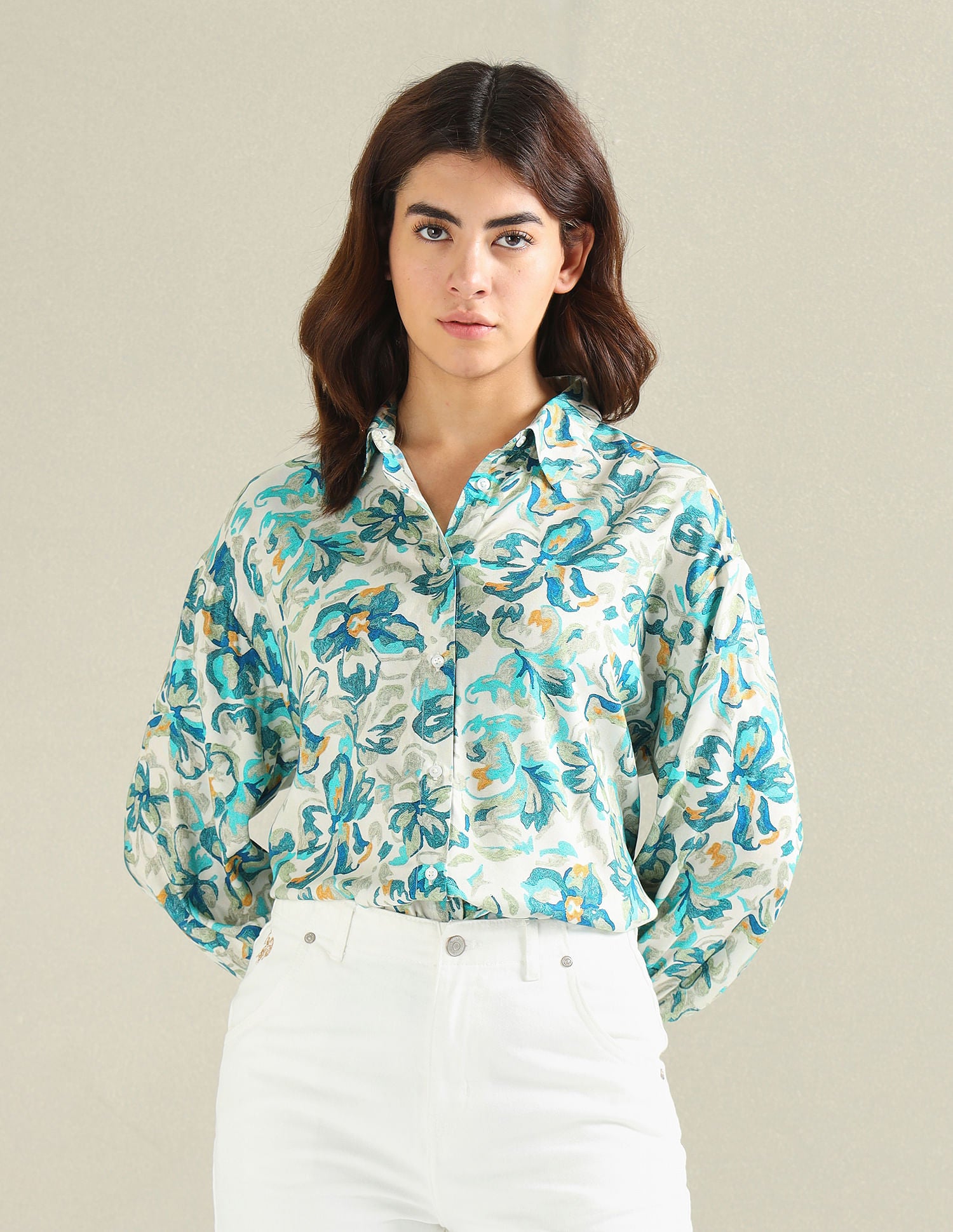Floral Print Spread Collar Shirt Blue - U.S. POLO ASSN. | Large