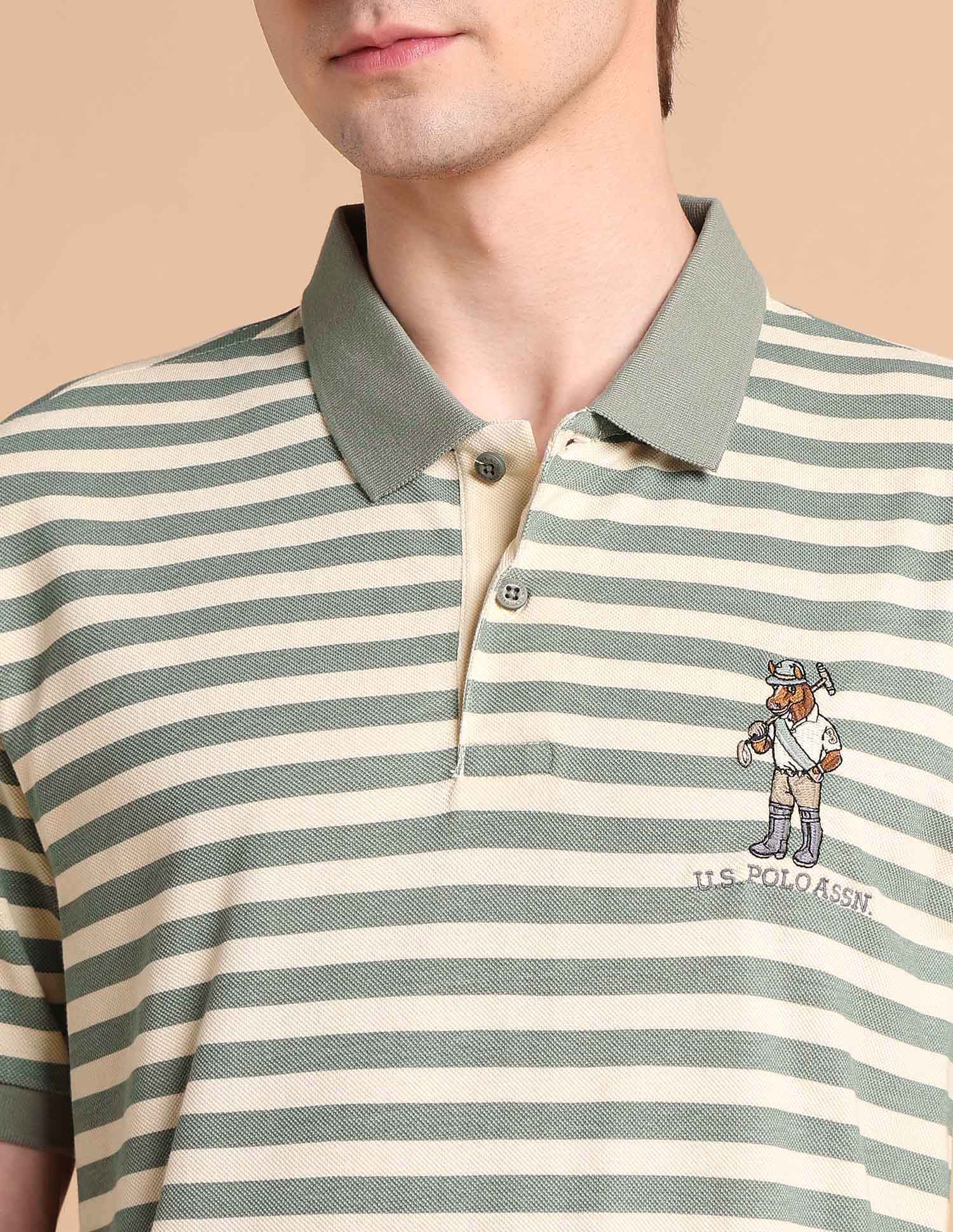 Horizontal Striped Slim Fit Polo Shirt Light Olive - U.S. POLO ASSN. | Large