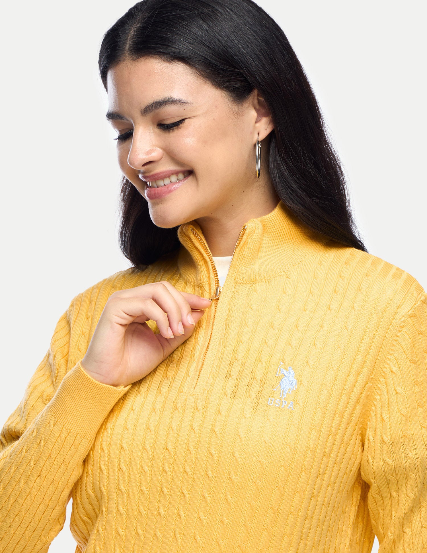 Cable Patterned Knit Regular Fit Sweater Yellow - U.S. Polo Assn. India | Large