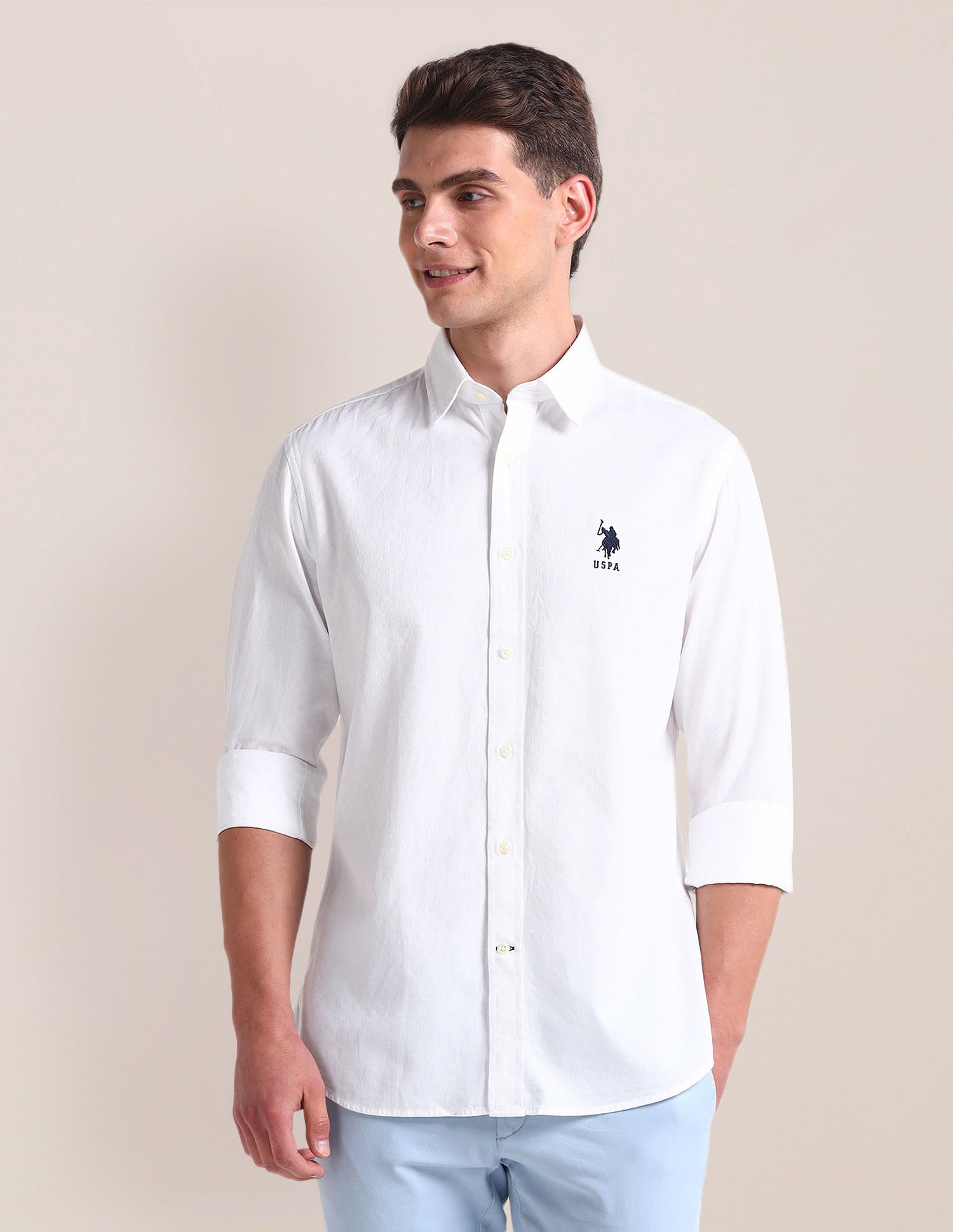 Semi Cutaway Collar Cotton Shirt White - U.S. POLO ASSN. | Large