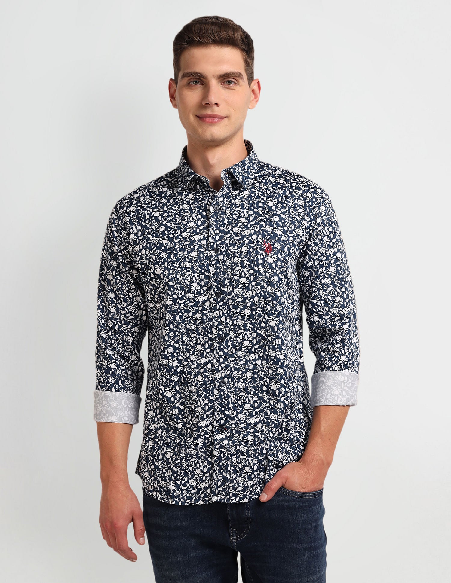 Floral Print Slim Fit Shirt Navy - U.S. Polo Assn. India | Large