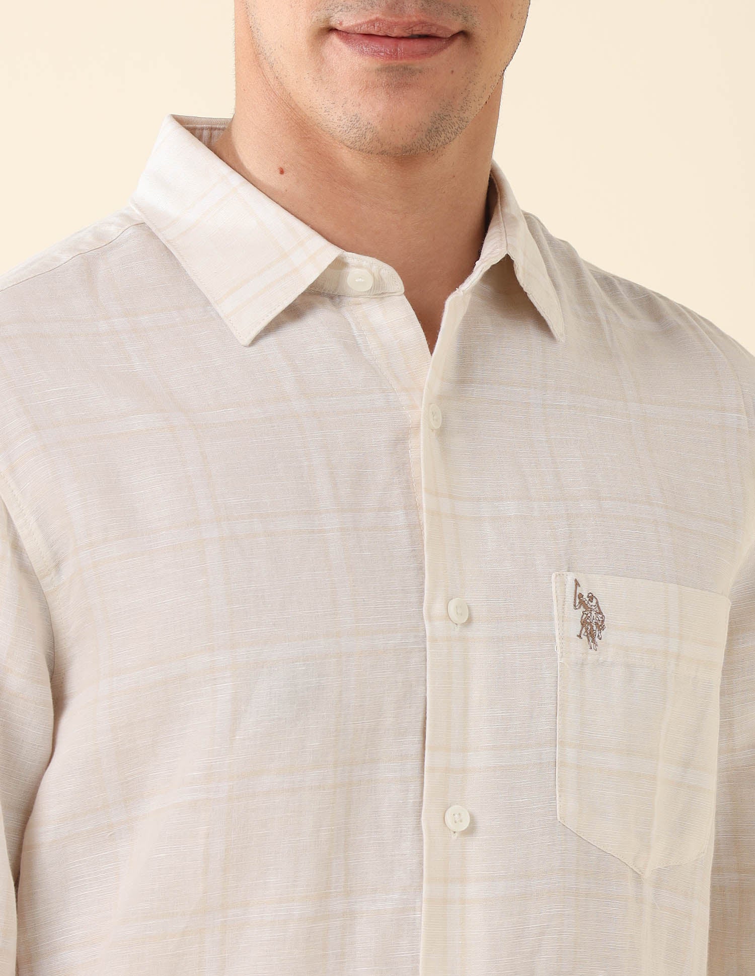 Grid Tattersall Checked Tailored Fit Shirt Cream - U.S. Polo Assn. India | Large