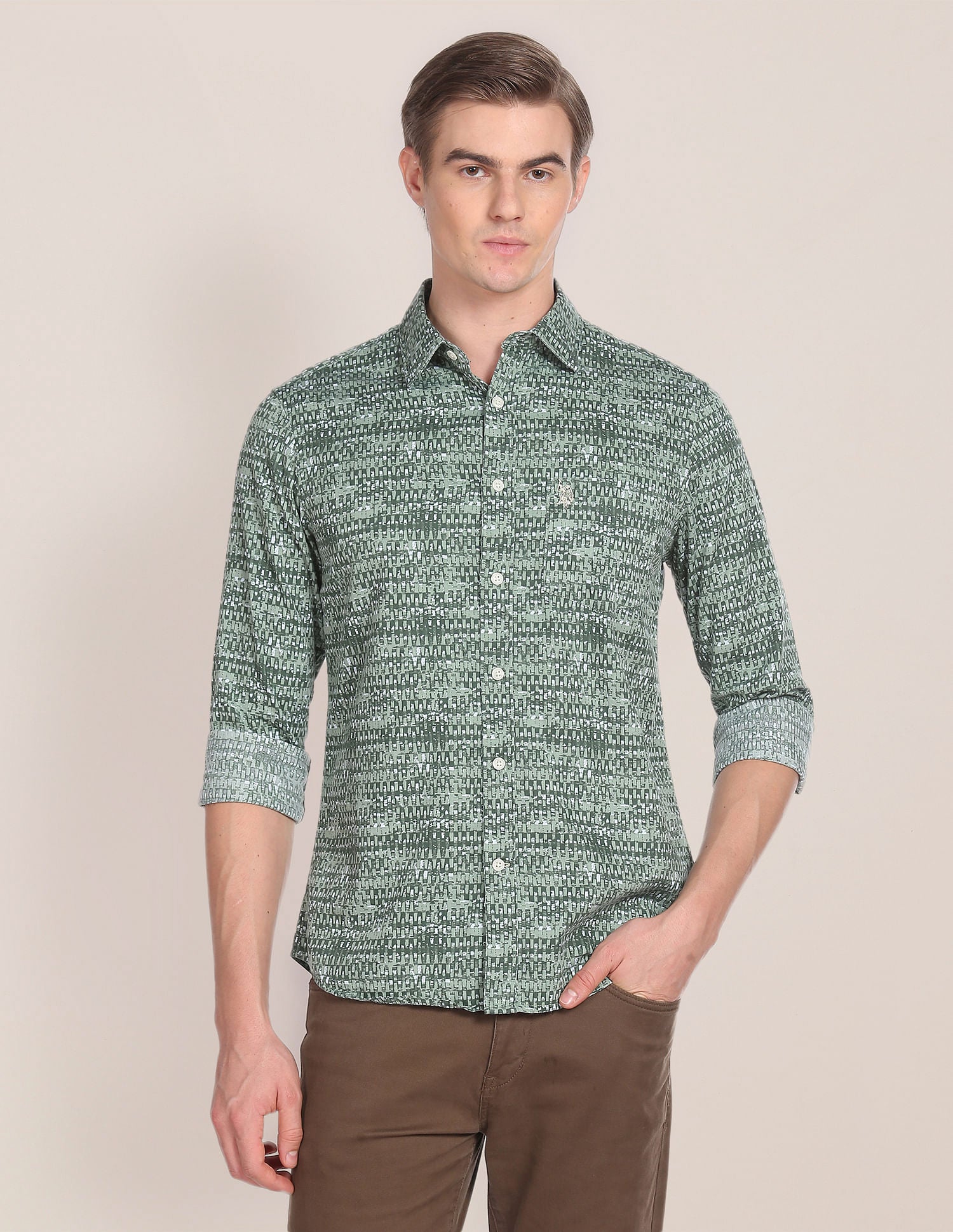 Abstract Print Cotton Twill Shirt Green - U.S. POLO ASSN. | Large
