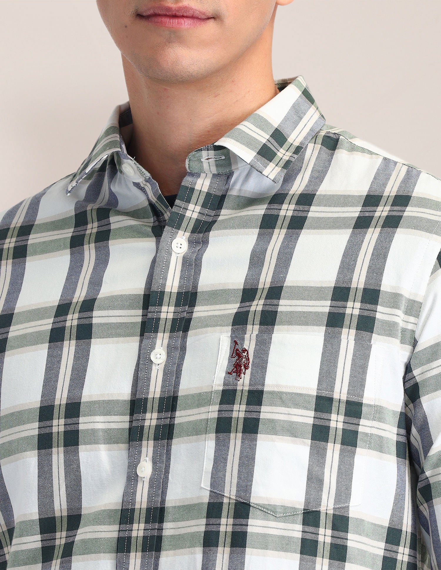 Tailored Fit Dobby Checked Shirt Ivory - U.S. POLO ASSN. | Large