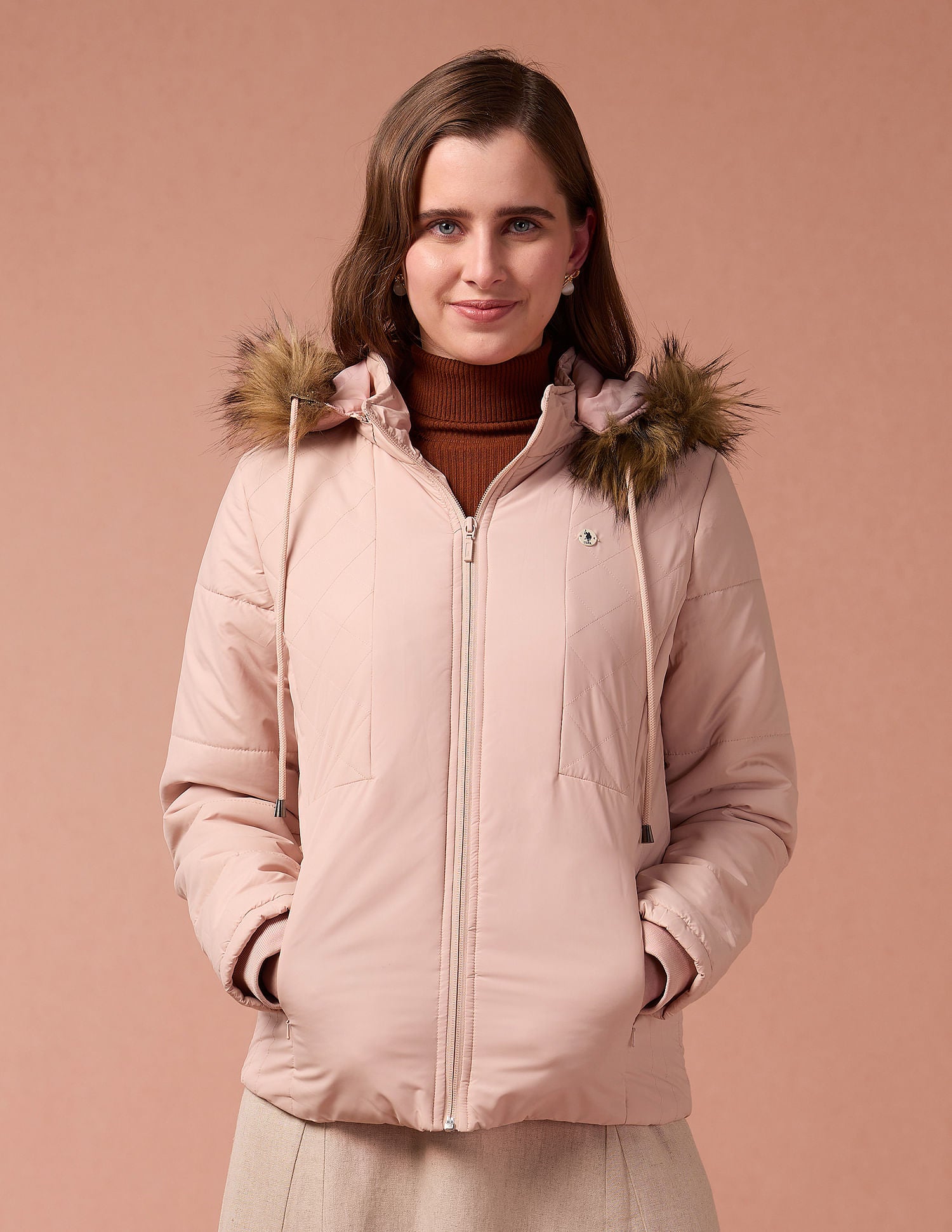 Solid Hooded Puffer Jacket Peach - U.S. POLO ASSN. | Large