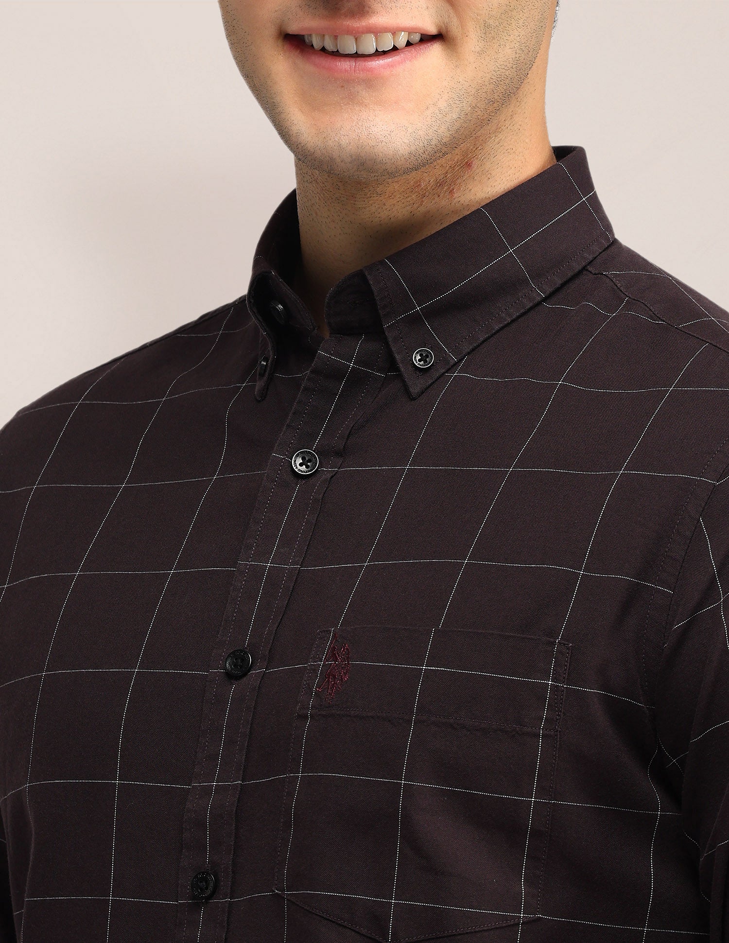 Windowpane Checked Tailored Fit Shirt Maroon - U.S. Polo Assn. India | Large